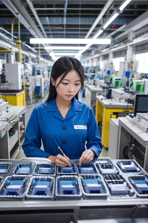 A woman in work clothes inspecting semiconductor chips under a microscope in a clean factory