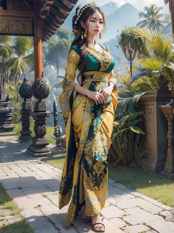 araffe woman with small breast in a green and black dress with a flower in her hair, traditional beauty, wearing an ornate outfit, wearing balinese ornate clothing, ornate , intricate outfit, beautiful oriental woman, beautiful balinese costume, traditional makeup, ornate attire, bali, 8k)), gorgeous woman, a beautiful fantasy empress, with beautiful exotic, ((a beautiful fantasy empress)), ornate dress, araffe woman in a yellow and black dress with a flower in her hair, traditional beauty, wearing an balinese ornate outfit, wearing balinese ornate clothing, ornate , intricate outfit, beautiful oriental woman, beautiful costume, traditional makeup, ornate attire, bali, 8k)), gorgeous woman, a beautiful fantasy empress, with beautiful exotic, ((a beautiful fantasy empress)), ornate dress masterpiece, best quality:1.2),,(8k,highres,RAW photo,realistic,photo-realistic:1.3),(detailed skin texture,detailed cloth texture,beautiful detailed face:1.25),professional lighting,photon mapping,beautiful soft light,radiosity,physically-based rendering,raytracing, model shoot style, model shoot style, (extremely detailed CG unity 8k wallpaper), (((fullbody))), photo of the most beautiful artwork in the world, balinese temple on background,