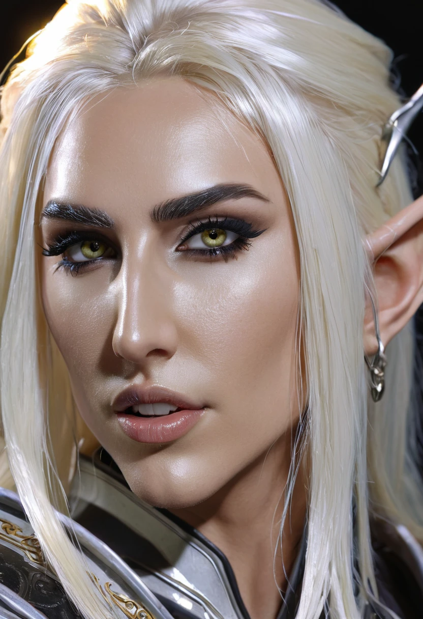 Everquest evil elf ,white eyebrows, eyelashes, curved mouth expression, smooth skin, long luscious platinum blonde hair, long detailed goatee, full detailed body, detailed necromancer paladin armor, fantasy two handed claymore, fantasy dnd at night full moon light