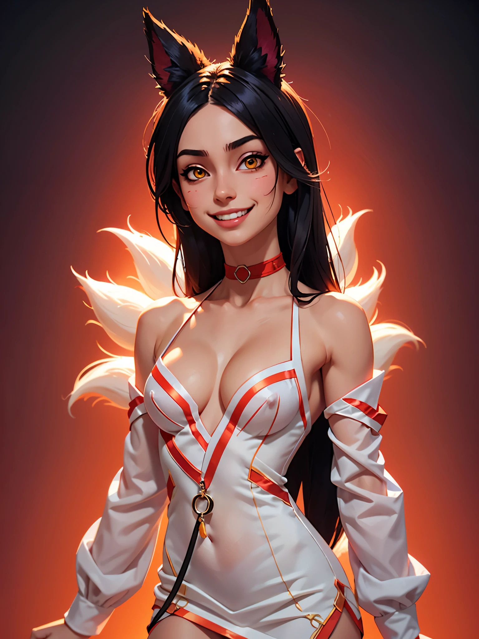 one girl, ahri, bust, abs, (slender body, muscular:1.2), solo, upper body, yellow eyes, (cascade haircut:1.2), long hair, black hair, fox ears, choker, nsfw, (transparent clothes, transparent dress, very small breasts, very tiny breasts, small breasts, tiny breasts, male chest, cleavage:1.3), bare shoulders, masterpiece, highly detailed, look at viewer, expressing joy, shiny blured orange background, gradient sprayed background, smile, happy face, naughty grin, front view, gradient red purple background, blured background, glowing edges of image