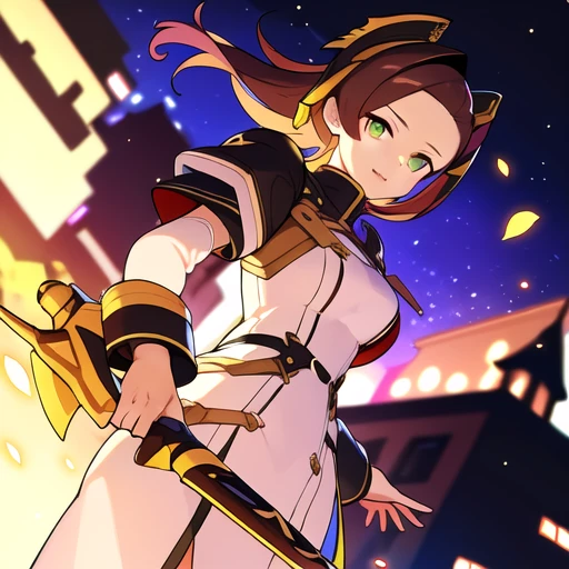 colorful , masterpiece, best quality, 1girl, weapon, solo, fantasy weapon, ((blurry background)), orange, green, violet, brown, white, (((low detail background))), dutch angle,