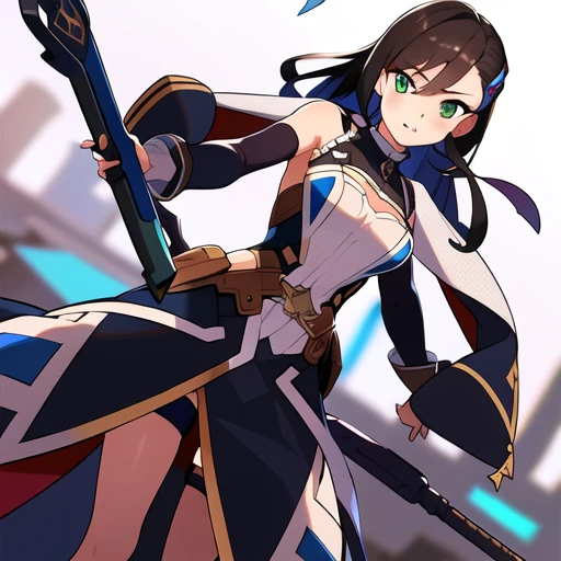 masterpiece, best quality, 1girl, solo, holding sword, ((blurry background)), simple background, high fantasy outfits, battle pose, combat pose, dutch angle,
