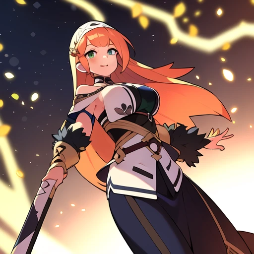 colorful , masterpiece, best quality, 1girl, weapon, solo, fantasy weapon, ((blurry background)), orange, green, violet, brown, white, (((low detail background))), dutch angle,