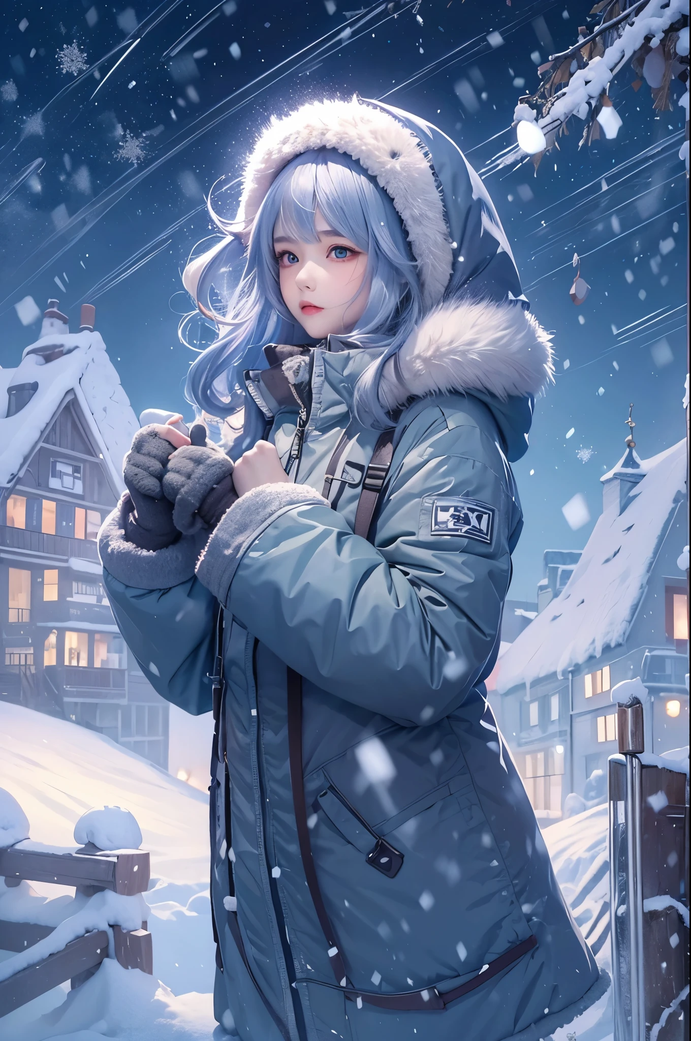(masterpiece, highest quality),
It's snowing.
Composition of a woman standing under a snowy night sky. Her face is important.
Her eyes are bright green and her hair is light blue and white, long and fluffy.
She is wearing a down jacket and is putting on her gloves.