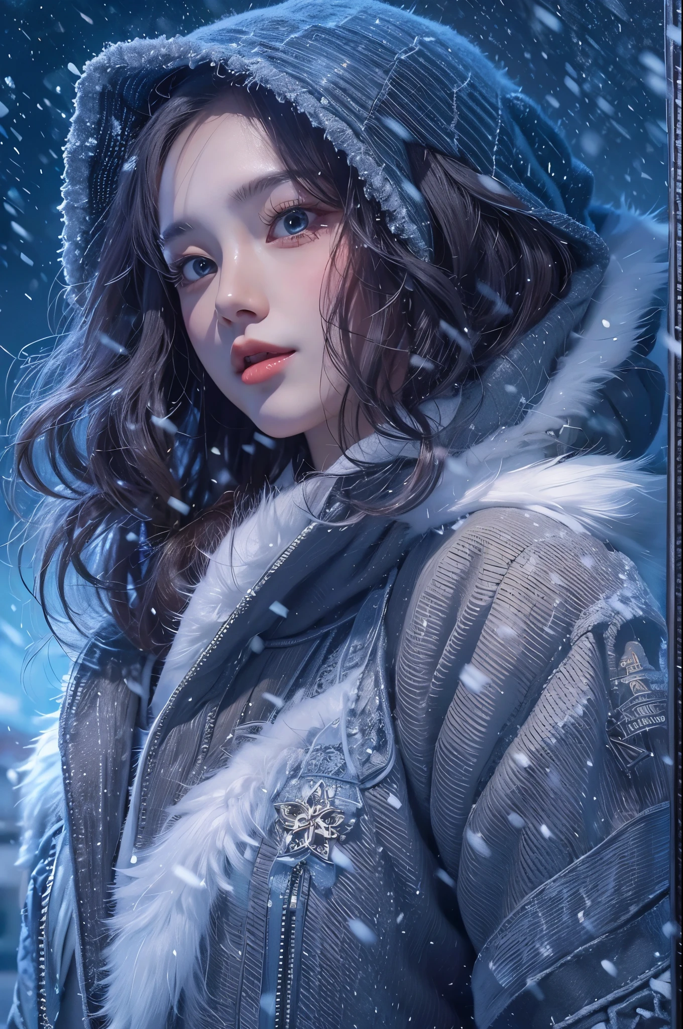 (masterpiece, highest quality),
It's snowing.
Composition of a woman standing under a snowy night sky. Her face is important.
Her eyes are bright green and her hair is light blue and white, long and fluffy.
She is wearing a down jacket and is putting on her gloves.