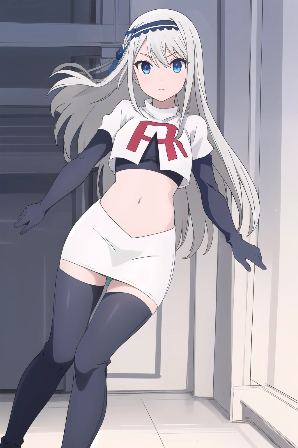 ((best quality)),((highly detailed)),masterpiece,absurdres,detailed face,beautiful face,(detailed eyes, deep eyes),(1girl),((dynamic pose)),Kei, 1girl, blue eyes, long hair, hair between eyes, grey hair, bangs, black hairband,  team rocket,team rocket uniform,white skirt,red letter R,crop top,black thigh-highs,black elbow gloves