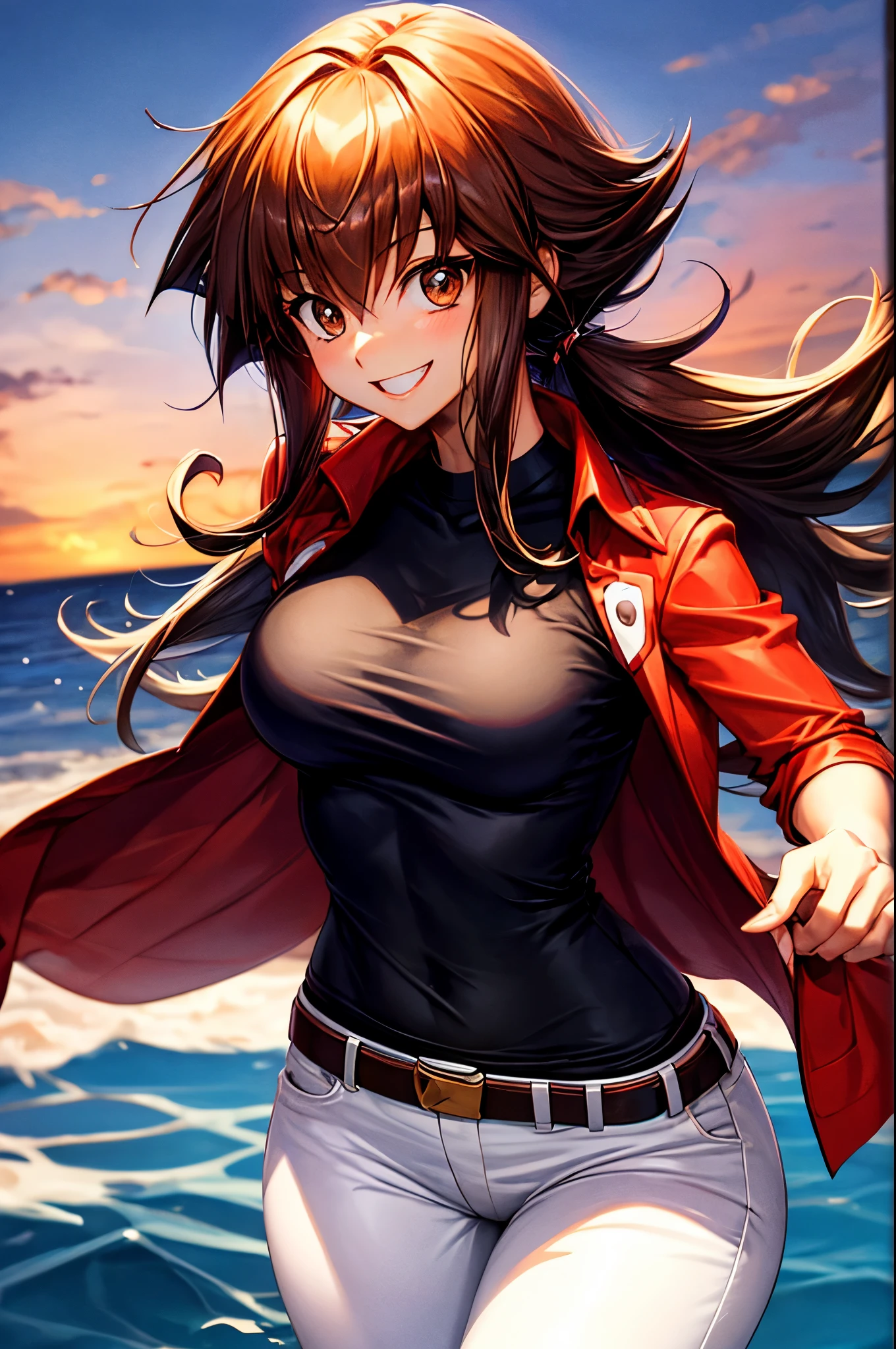 Yuuki Judai, 1girl,(female:1.5), Brown hair, Solo, Red jacket, Bangs, Black shirt, Open jacket, hair between eye, Long hair, Smile, White pants, red footwear,Duel Academy Uniforms (Yu-Gi-Oh! nffsw),
(Close Shot, Best Quality, hight resolution, 4K, Detailed Lighting, Shaders), 
Smile,
Looking at Viewer, Cowboy Shot,
