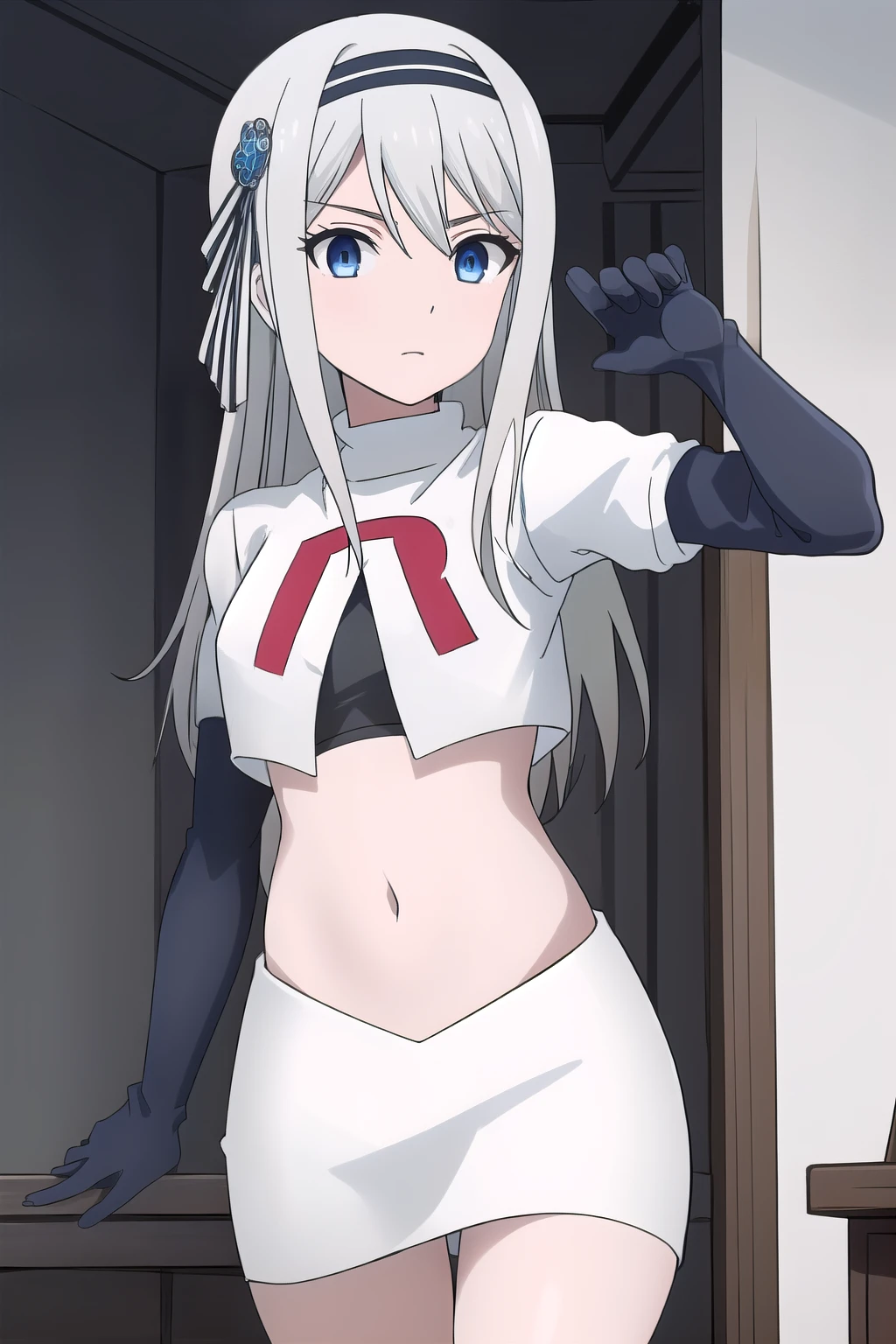 ((best quality)),((highly detailed)),masterpiece,absurdres,detailed face,beautiful face,(detailed eyes, deep eyes),(1girl),((dynamic pose)),Kei, 1girl, blue eyes, long hair, hair between eyes, grey hair, bangs, black hairband, team rocket,team rocket uniform,white skirt,red letter R,crop top,black thigh-highs,black elbow gloves