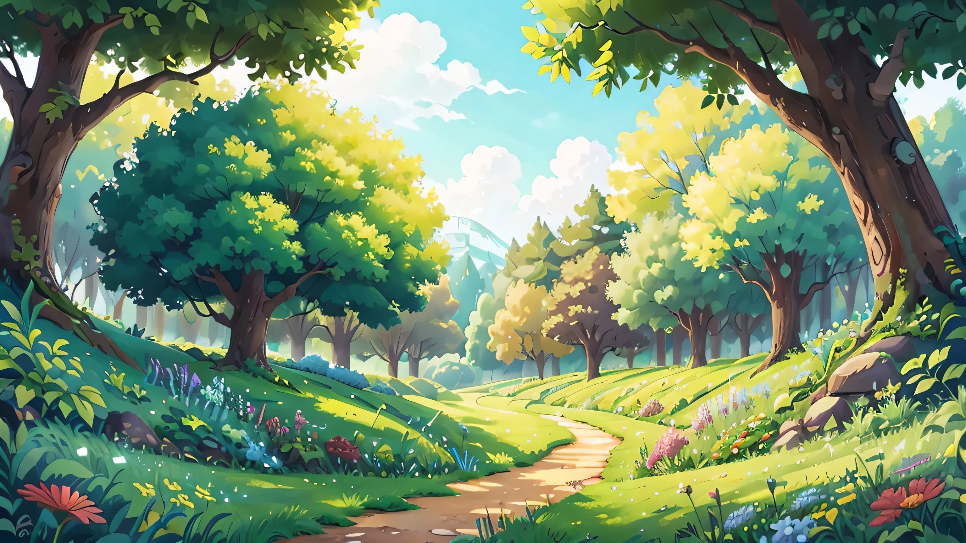 A painting of a green field with trees and a path flowers, and a clear blue sky.