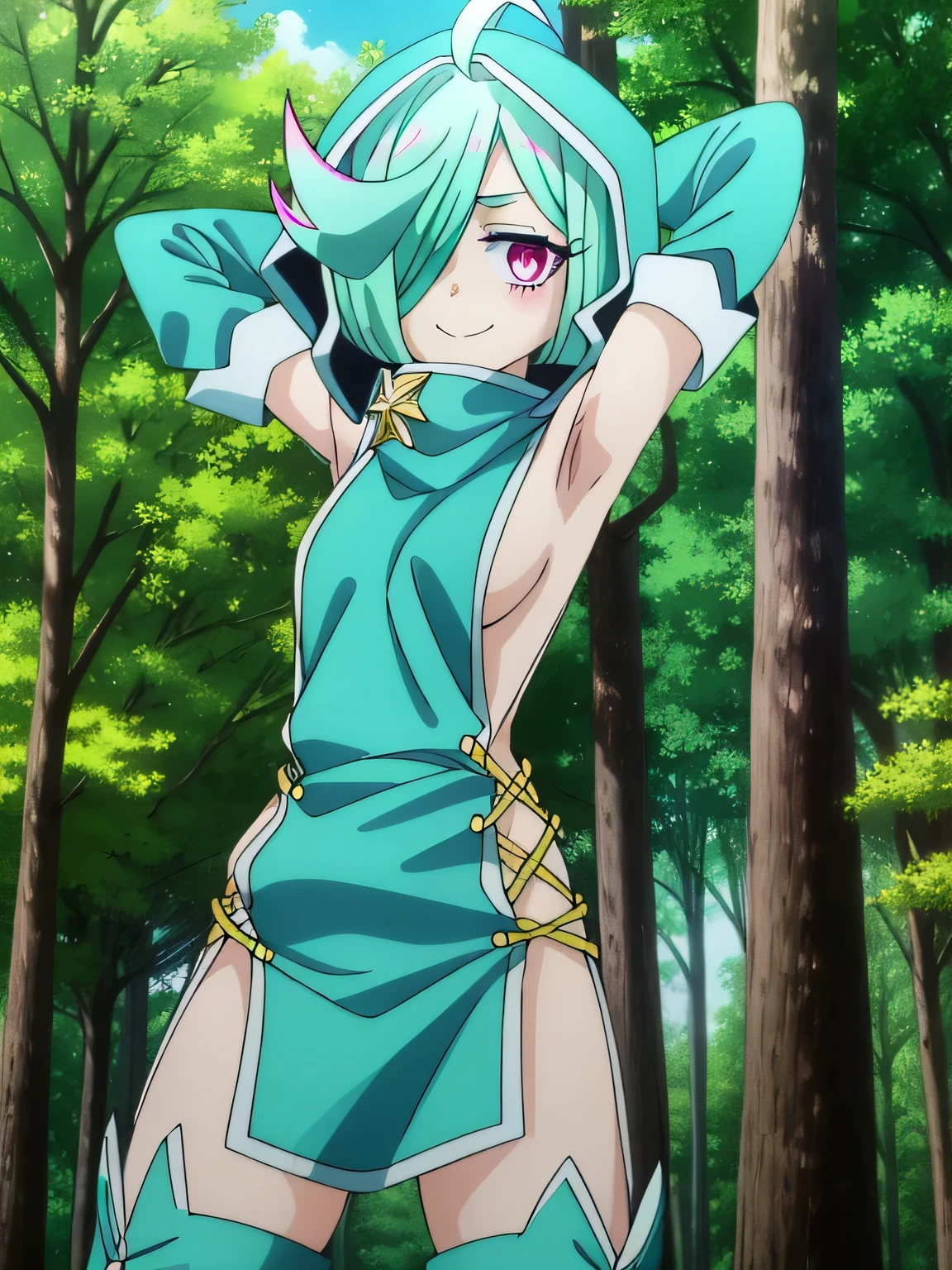 high quality, nemo anemo, short hair, green hair, (pink eyes:1.3), (hair over one eye:1.5), aqua hair, ahoge, thighhighs, detached sleeves, hood, eyes, sideboob, sideless outfit, closed mouth, solo, (cowboy shot:1.5), night sky, forest, arms behind head, contrapposto, spread armpits, smile