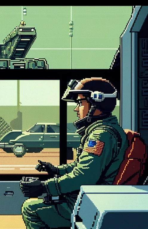 a man in a helmet and goggles sits in a car, pixel art inspired by Oka Yasutomo, flickr, pixel art, 70's jetfighter pilot, sci - fi pilot, 1988 video game screenshot, fighter pilot in the cockpit, 1991 video game screenshot, the contra space war, 1990 video game screenshot