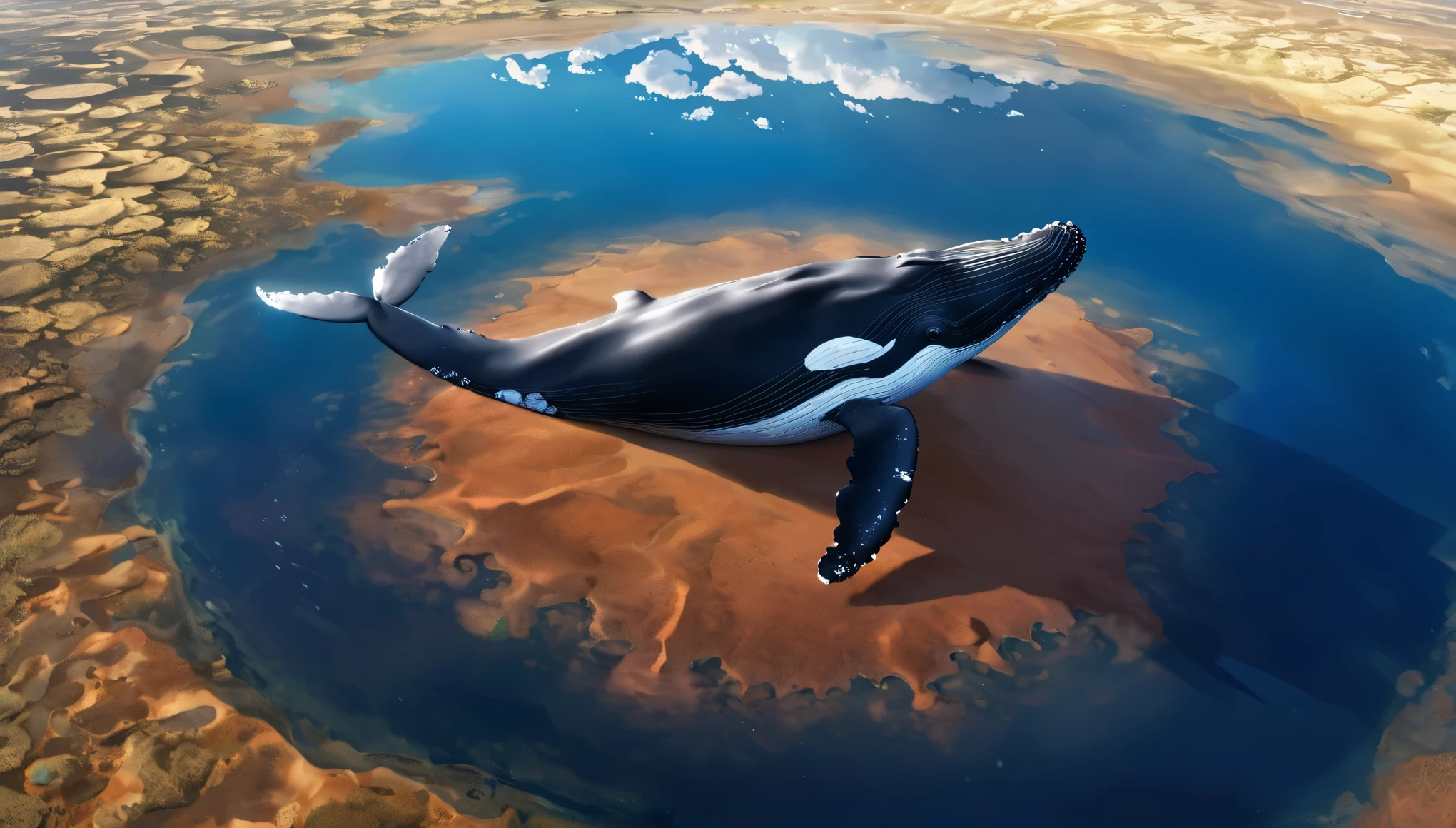 A whale，desert，Small puddles，There is a turtle in the puddle，top view，large panorama，Movie Lighting, (((best quality))),(((masterpiece)))