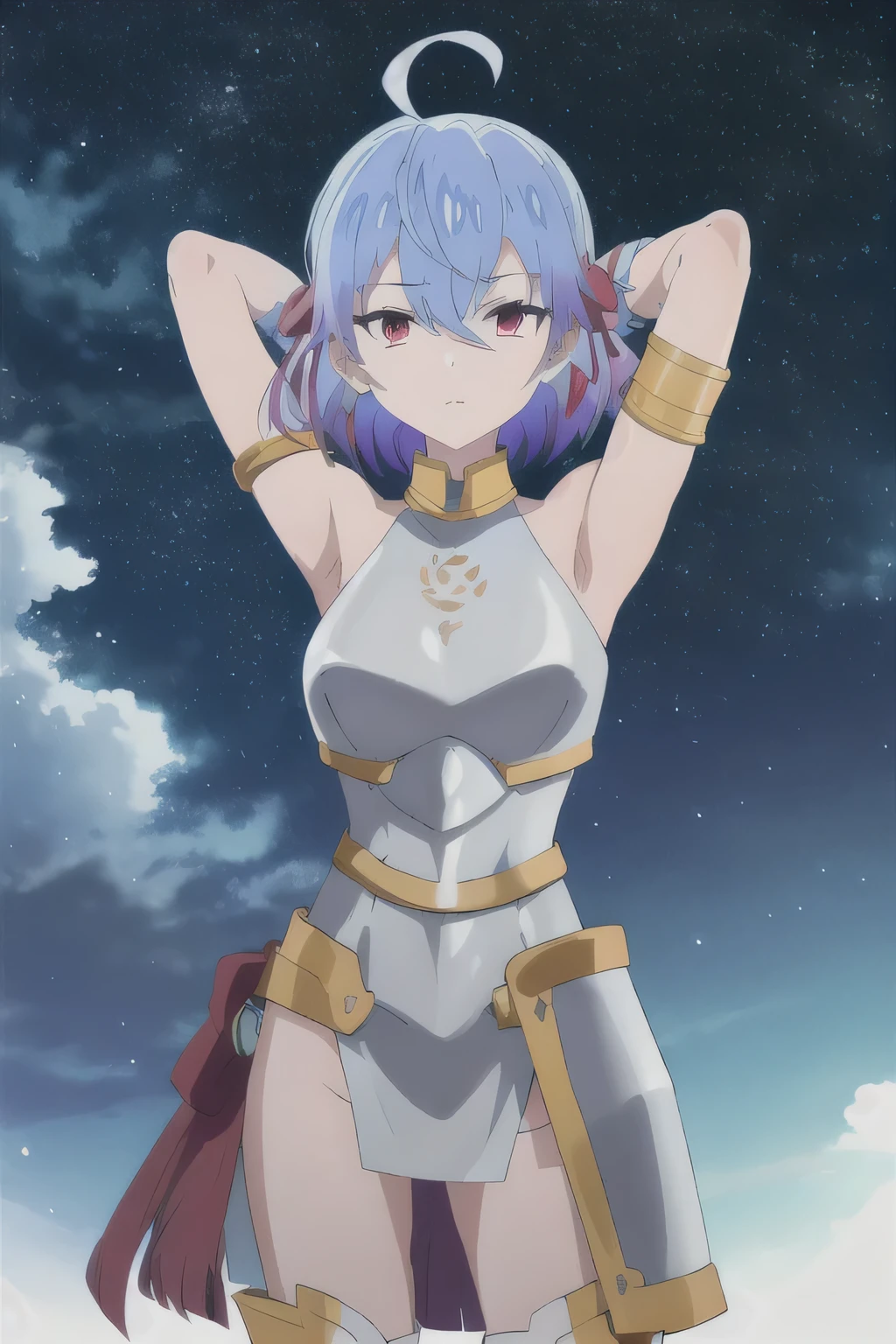 (exceptional, best aesthetic, new, newest, best quality, masterpiece, extremely detailed),Ruti, 1girl, solo, ribbon, hair ribbon, short hair, metal collar, red eyes, blue hair, ahoge, multicolored hair, meme, armlet, gradient hair, collar, jewelry, bangs, parody, armor, expressionless, bare shoulders, solo, night sky, forest, arms behind head, looking at viewer, contrapposto, spread armpits, (cowboy shot:1.5), looking at viewer, hair between eyes