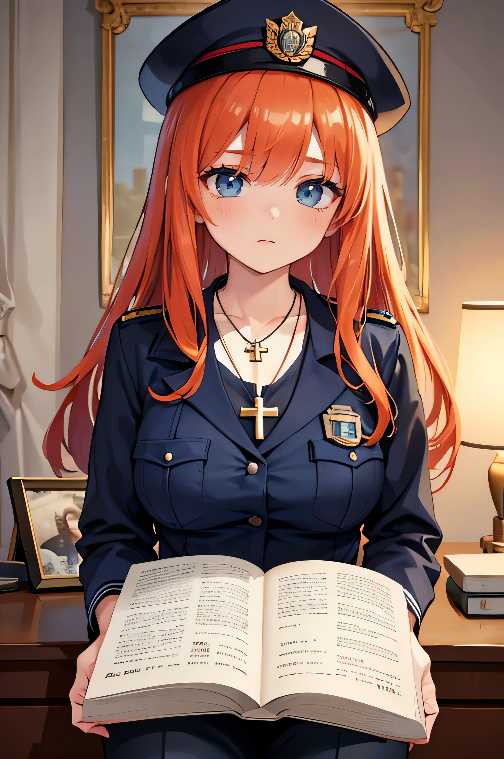 Ginger hair, long hair, straight bangs, police officer, police uniform, woman, illustrations, high-quality, ultra-detailed, realistic, vivid colors, portraits, warm tones, soft lighting. ((Necklace with a cross)) Crouched down.(Police hat) (Bible reading)