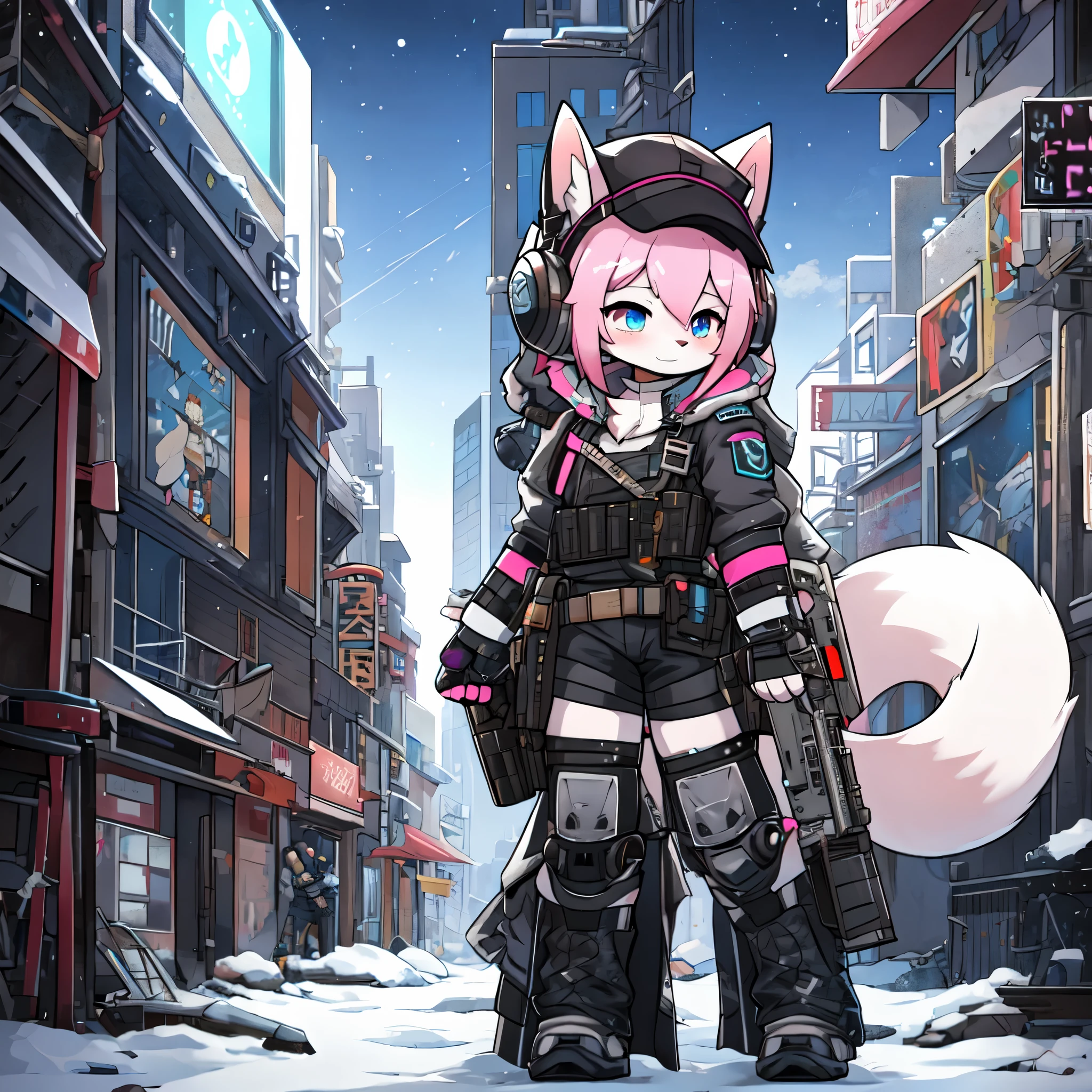 cute, pink striped fluffy fox, pink hair, left eye is red, right eye is blue, heterochromia, alone, body fur, Deserted city with ruins and snow at night cold weather, synthetic tissue skin, cybernetic prosthesis, Cybernetics servo prosthesis, Digital headphones with HUD, machine suit, machine body parts, cybernetic prosthetic hand, Oversized long blouse with ribbon decoration, Thigh-length socks, shorts, Gray long sleeve loose military hooded jacket, tactical gun holster on thigh, mechanical boots, only one fluffy tail, metal knee pads, Tactical Belt 느슨한 팔 슬리브, digital screen gloves, chest rig, Tactical Belt, blue archive halo, Submachine gun held in left hand, bulletproof goggles, neck respirator, baseball cap,