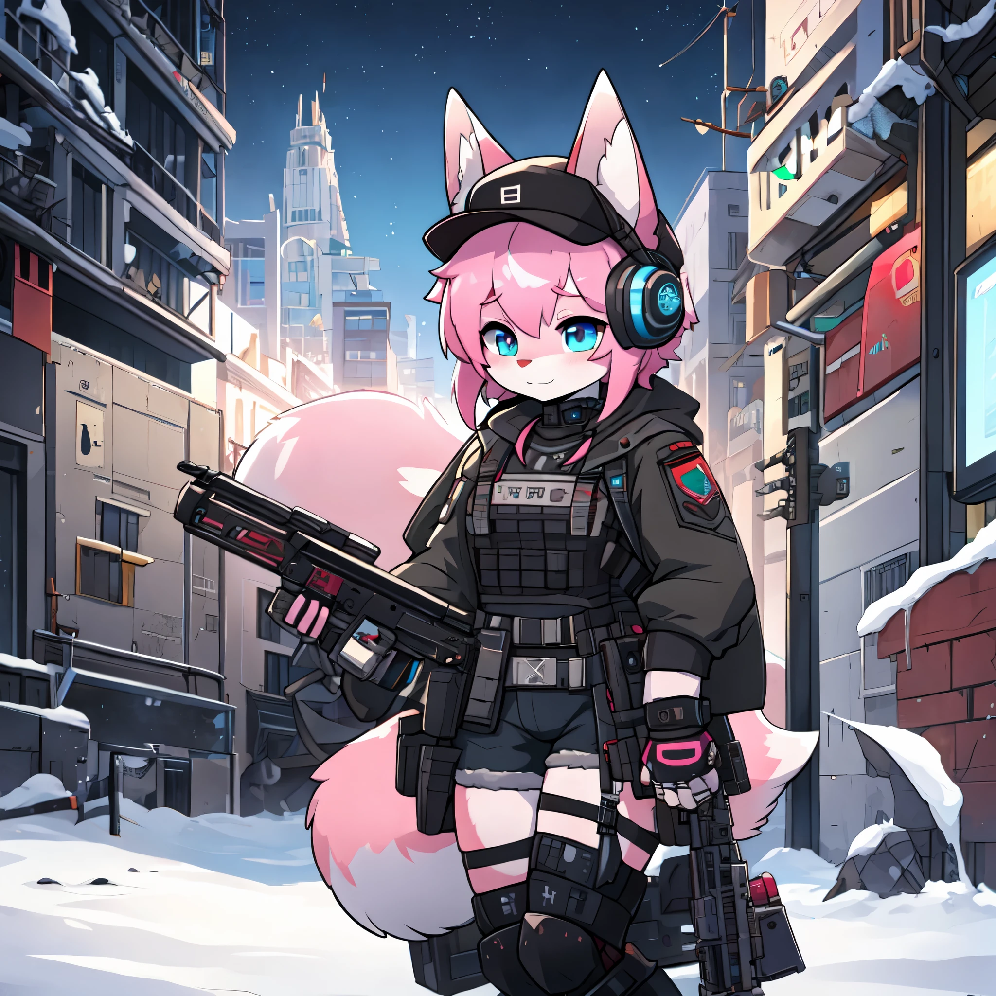 cute, pink striped fluffy fox, pink hair, left eye is red, right eye is blue, heterochromia, alone, body fur, Deserted city with ruins and snow at night cold weather, synthetic tissue skin, cybernetic prosthesis, Cybernetics servo prosthesis, Digital headphones with HUD, machine suit, machine body parts, cybernetic prosthetic hand, Oversized long blouse with ribbon decoration, Thigh-length socks, shorts, Gray long sleeve loose military hooded jacket, tactical gun holster on thigh, mechanical boots, only one fluffy tail, metal knee pads, Tactical Belt 느슨한 팔 슬리브, digital screen gloves, chest rig, Tactical Belt, blue archive halo, Submachine gun held in left hand, bulletproof goggles, neck respirator, baseball cap,