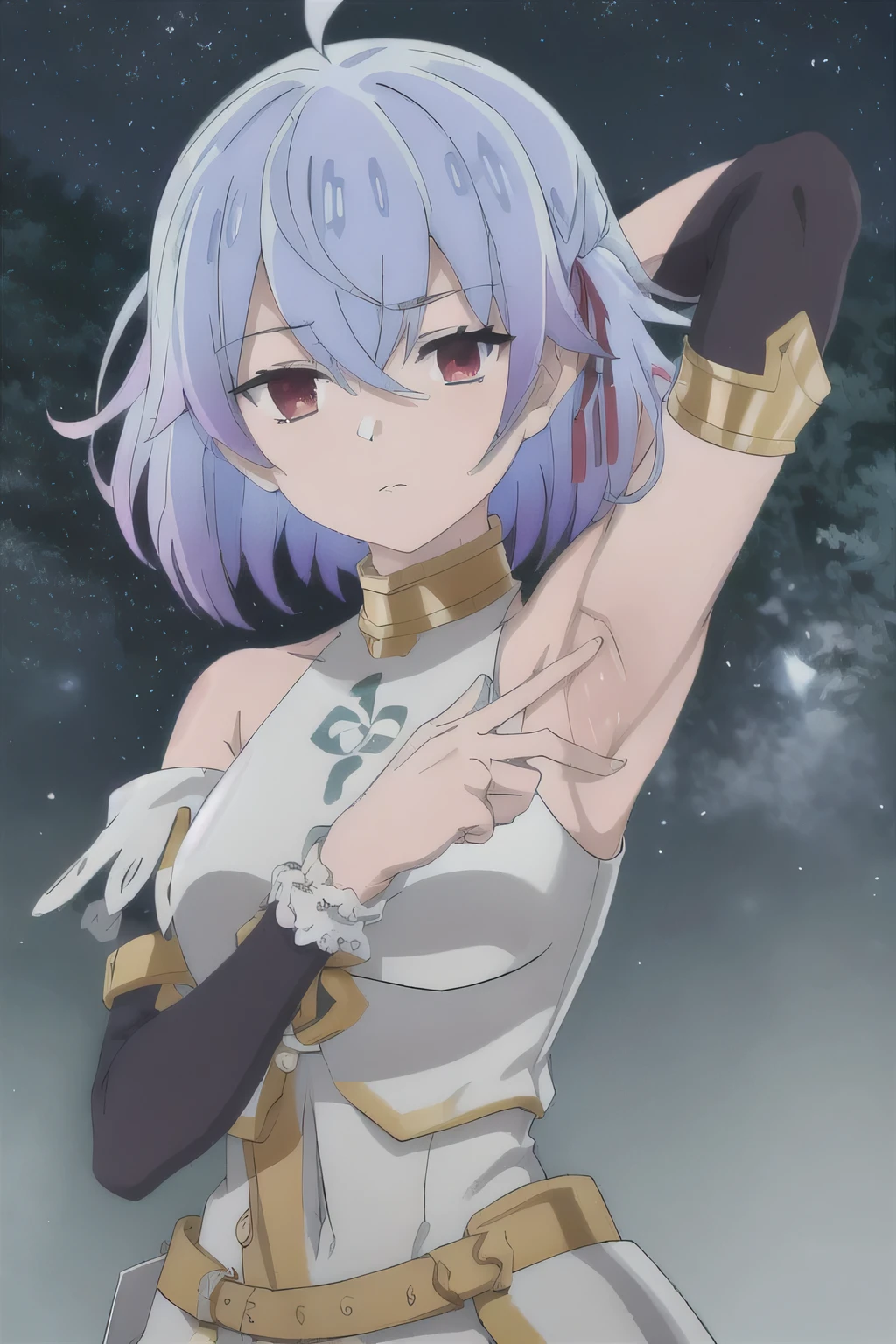 (exceptional, best aesthetic, new, newest, best quality, masterpiece, extremely detailed),Ruti, 1girl, solo, ribbon, hair ribbon, short hair, metal collar, red eyes, blue hair, ahoge, multicolored hair, meme, armlet, gradient hair, collar, jewelry, bangs, parody, armor, expressionless, bare shoulders, solo, night sky, forest, arms behind head, looking at viewer, contrapposto, spread armpits, upper body, looking at viewer, hair between eyes