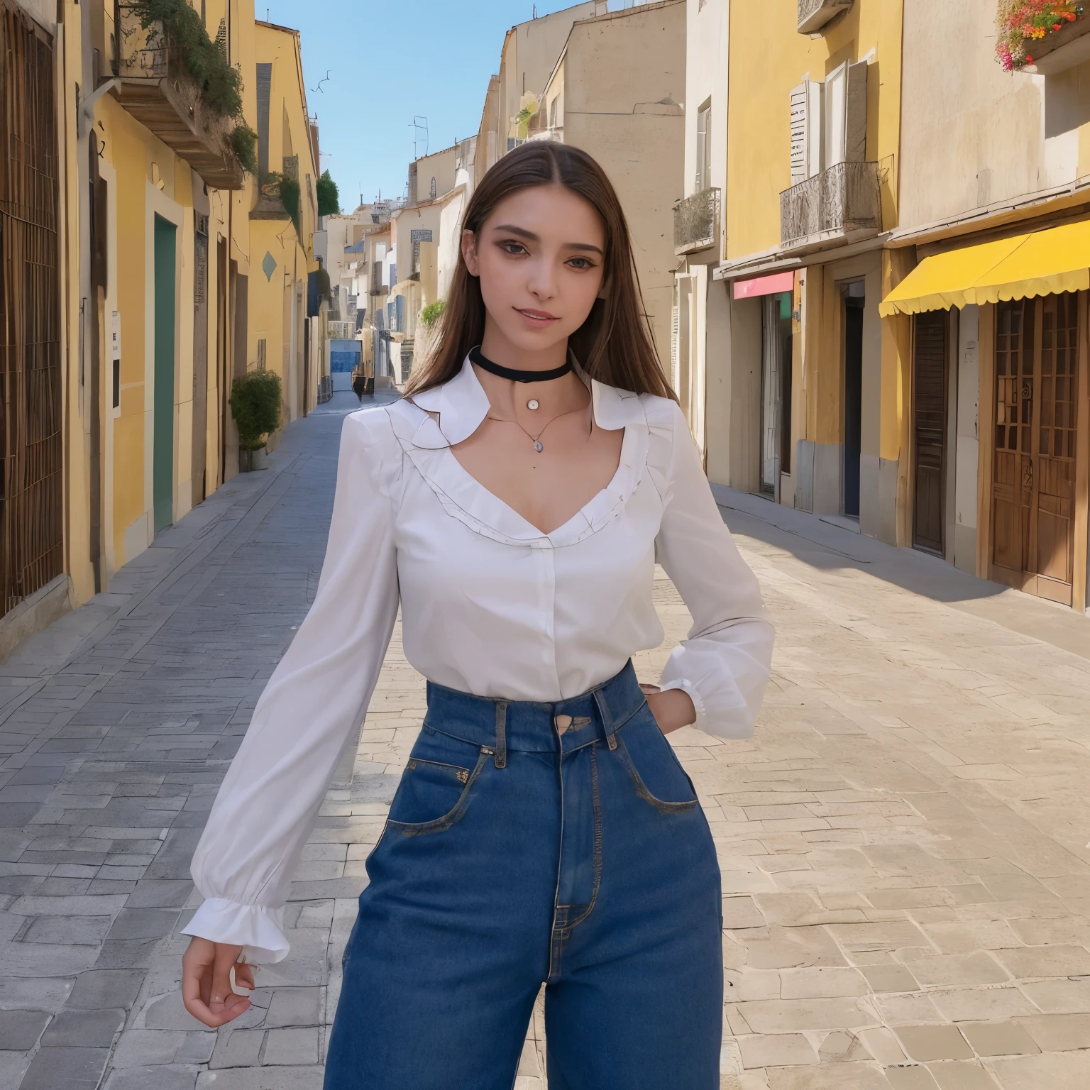 (Obra maestra, mejor calidad), mujer hermosa, top sin mangas con detalle de cuello alto, pantalones, collar, pelo ondulado, cara perfecta, Hermoso rostro, seductor, Grandes ojos hermosos, boca abierta, feliz, cuerpo perfecto y delgado, (exterior), Calles de la ciudad, Francia , colores brillantes