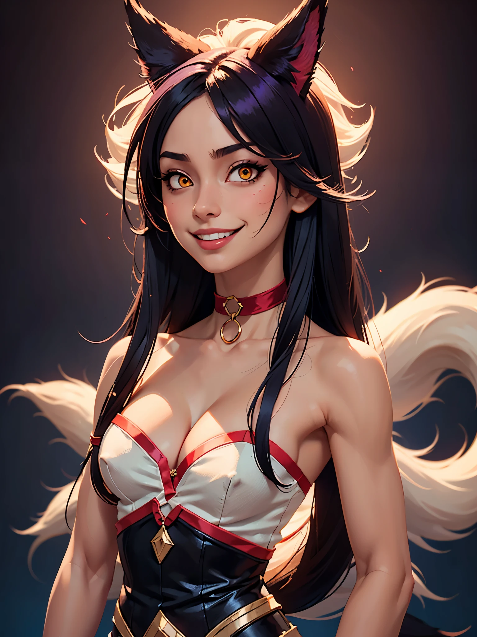 one girl, ahri, bust, abs, (slender body, muscular:1.2), solo, upper body, yellow eyes, (cascade haircut:1.2), long hair, black hair, fox ears, choker, , (small , tiny , male , cleavage:1.3),  shoulders, masterpiece, highly detailed, look at viewer, expressing joy, shiny blured orange background, gradient sprayed background, smile, happy face, naughty grin, front view, gradient red purple background, blured background, glowing edges of image