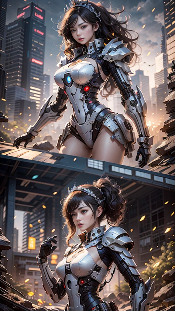 (best quality)), ((masterpiece)), (Very detailed: 1.3), 3D, Mecha Chef, Beautiful cyberpunk woman wearing crown, Paired with chef-style armor, sci-fi tech, HDR (High Dynamic Range), Ray Tracing, NVIDIA RTX, Super Resolution, Unreal 5, underground diffusion, PBR Textures, Post-processing, Anisotropic filtering, Depth of Field, Maximum Acutance and Acutance, Multi-layered textures, Specular and albedo maps, Surface shading, Accurate simulation of light-material interaction, Perfect proportions, Octane Rendering, Two-tone lighting, Low ISO, Balancing Rouge, Rule of Thirds, Grand opening, 8K Native, High-efficiency sub-pixel, Sub-pixel convolution, Light Particles, light diffusion, Tyndall effect, Very sexy, whole body, fighting stance, silver hair and braids,