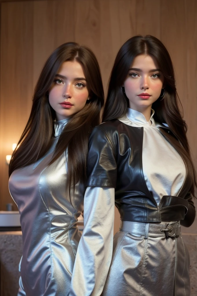 Professional photograph, best quality, 8K, hyper detailed, half body, A close up portrait of two gorgeous, beautiful, wonderful women, argentinian and russian females together posing for the camera, both women have super long hair, argentinian girl has brown hair and russian girl has dark blonde hair, the both of them are wearing winter clothing, both are wearing leather jacket. Both women are wonderful, dream, ethereal, timeless, majestic beauties from Argentina and Russia, they're glad and enjoying taking a picture. There are a argentinian and a russian flag at bottom