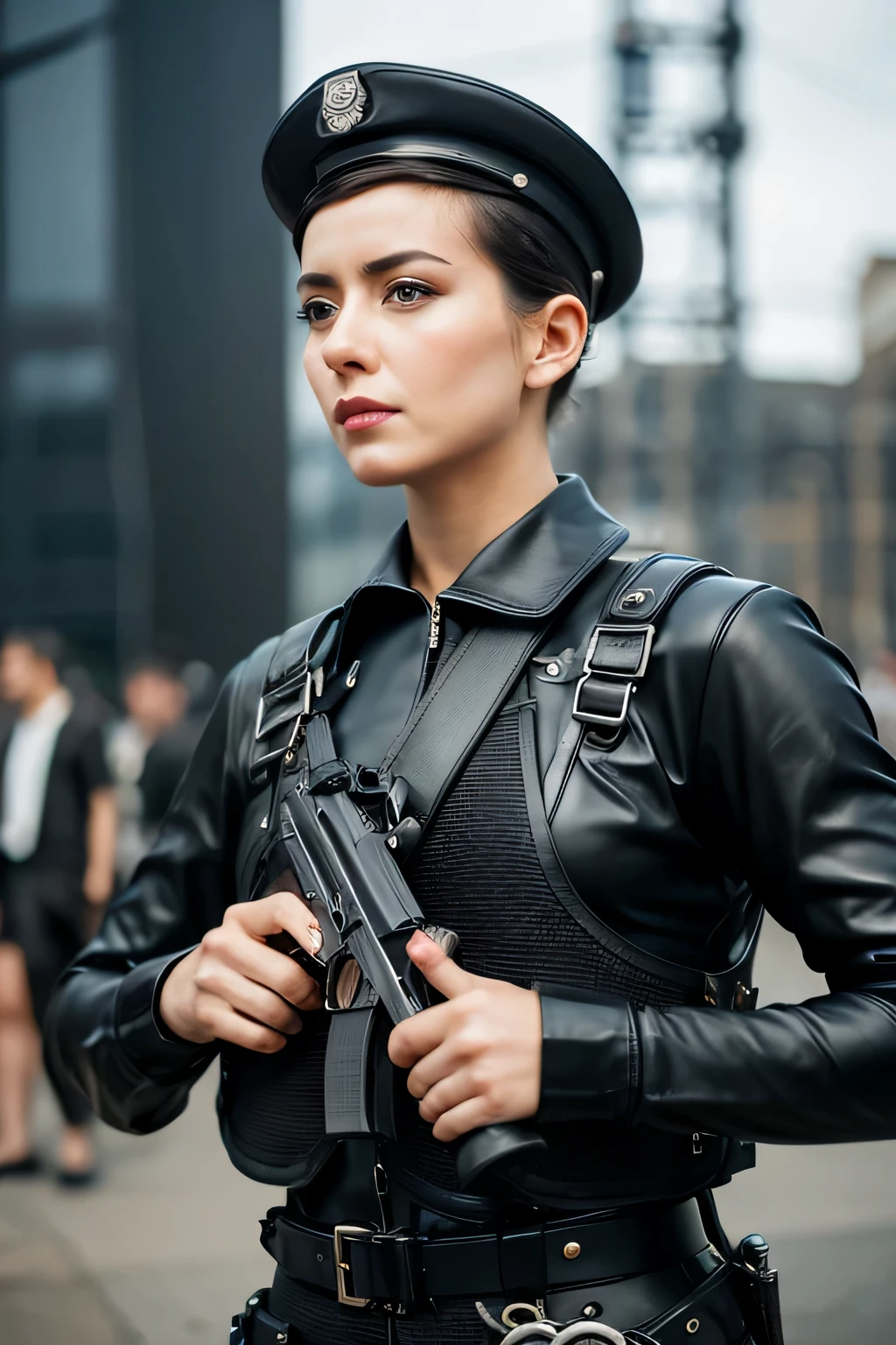 Extremely detailed, very realistic, very sharp, hyperrealistc, hyper realistic, best quality, weapon, standing, glossy, holster, adult long face, 50 age, sharp jaw, face visible, very short hair, face, adult face, long face, rough face, helmet, no skin, military pose, helmet, holster, harness, black latex dieselpunk police, plated, heavy pauldrons, in line, men