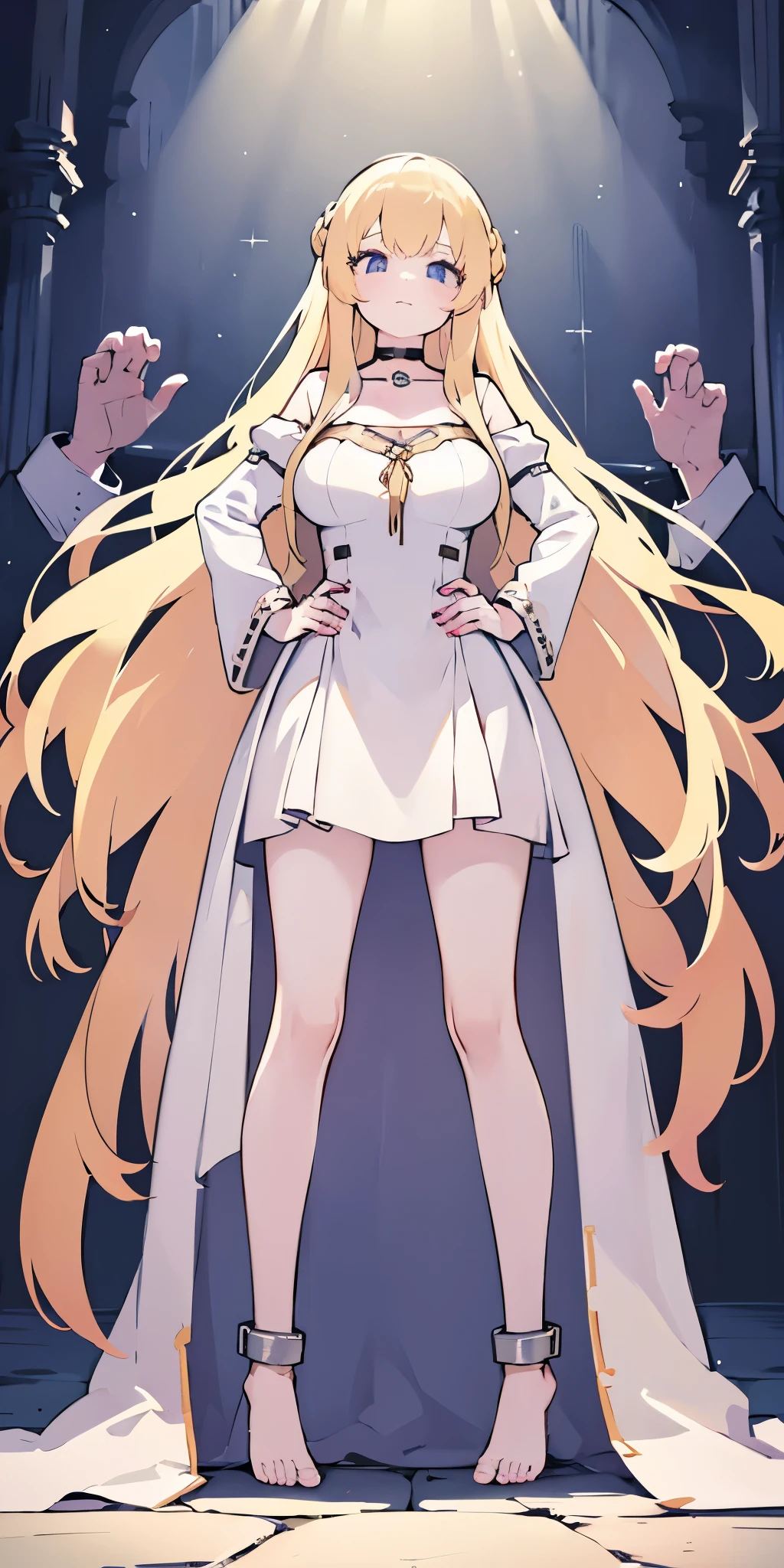 full body, barefoot, solo, female, big breast, linen tunic, fantasy village, armor, handcuffs on their hands with a collar around the neck, hands on hips, slave, ((black choker, shackles on legs and arms))