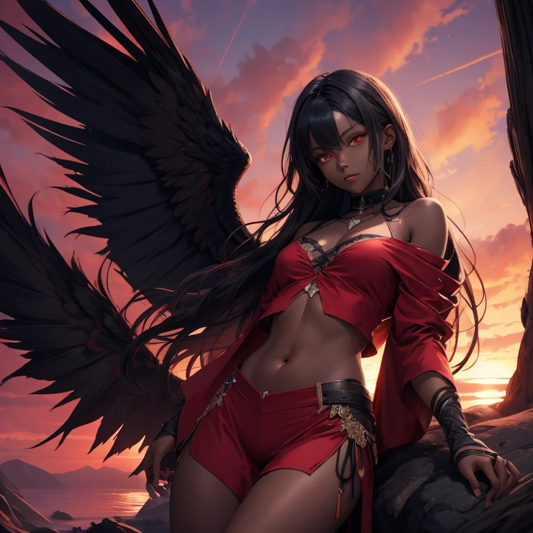 Thighs、Dark skin、Red clothes、belly button、shoulder、turbaned、The background is the wilderness、outside、long hair、Red eyes、Red sunset、Open-chested clothing、Black wings、