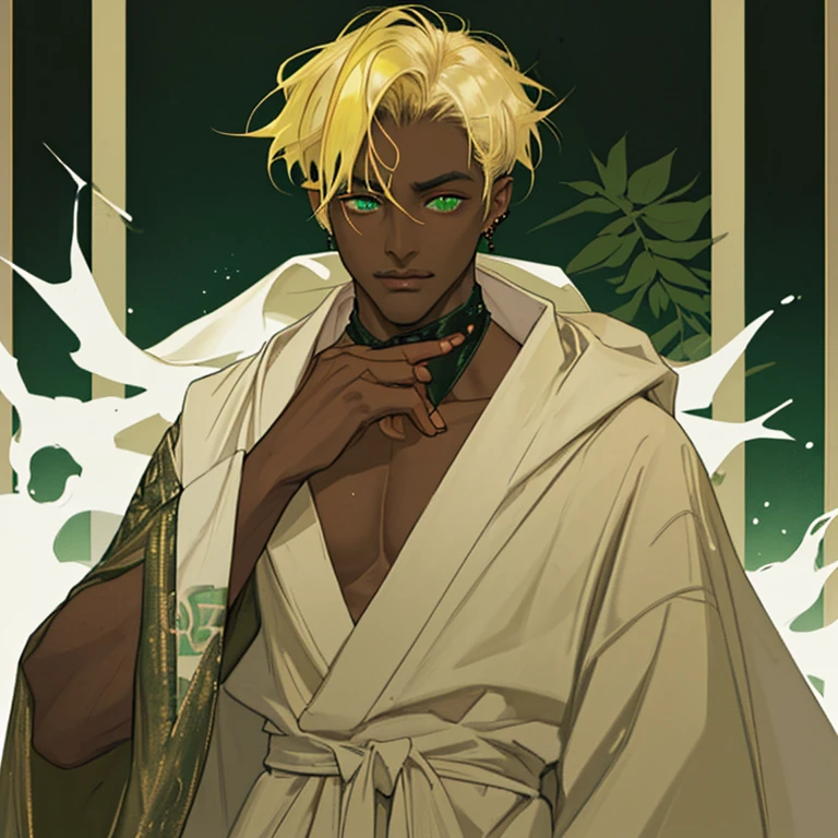Dark-skinned man with a robe on his chin, a piercing on his lip and green eyes, blonde hair 