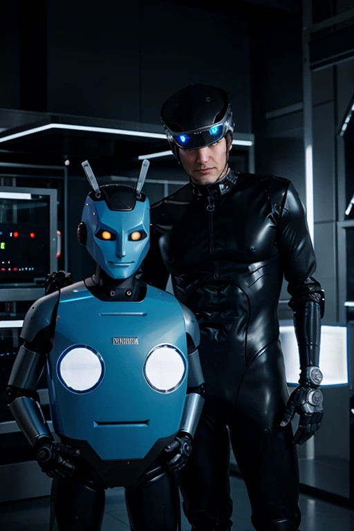 Two boys and a girl who are also a robot who are in a room talking 
