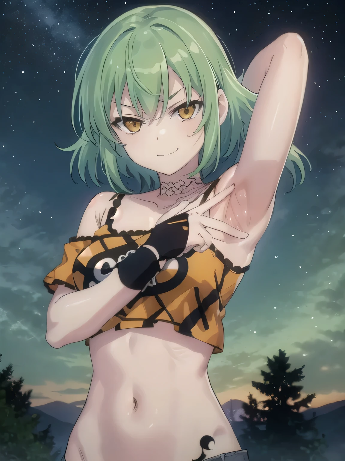 solo, 1girl, hikage, crop top, tattoo, off shoulder, looking at viewer, best quality, v-eyebrows, solo, night sky, forest, arms behind head, short hair, contrapposto, spread armpits, closed mouth, expressionless, upper body, smile,