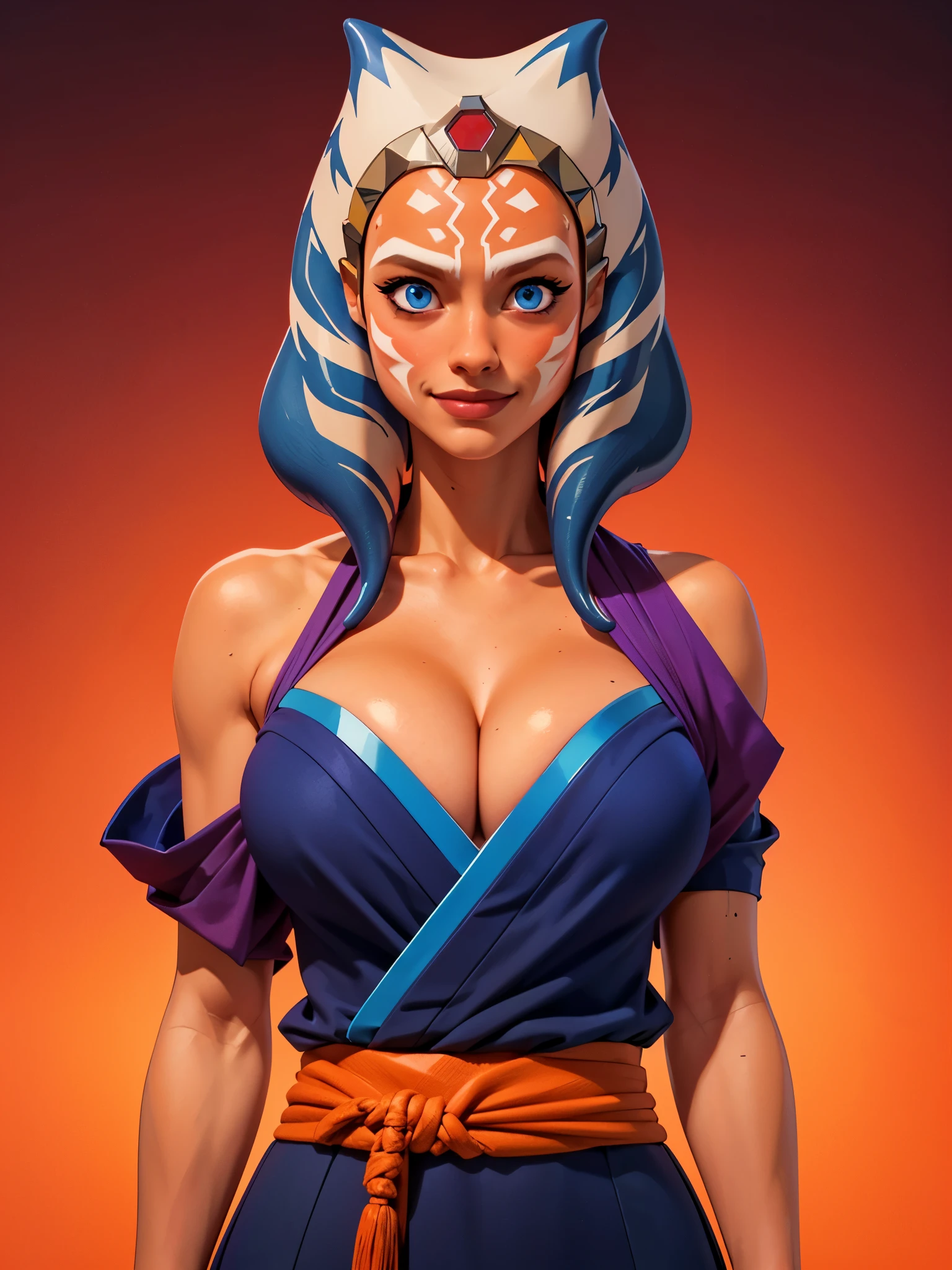 one girl, ahsoka tano, bust, (slender body, muscular:1.2), solo, upper body, blue eyes, (japanese clothes, cleavage:1.5), bare shoulders, masterpiece, highly detailed, look at viewer, shiny blured orange background, gradient sprayed background, happy face, front view, gradient red purple background, blured background, glowing edges of image