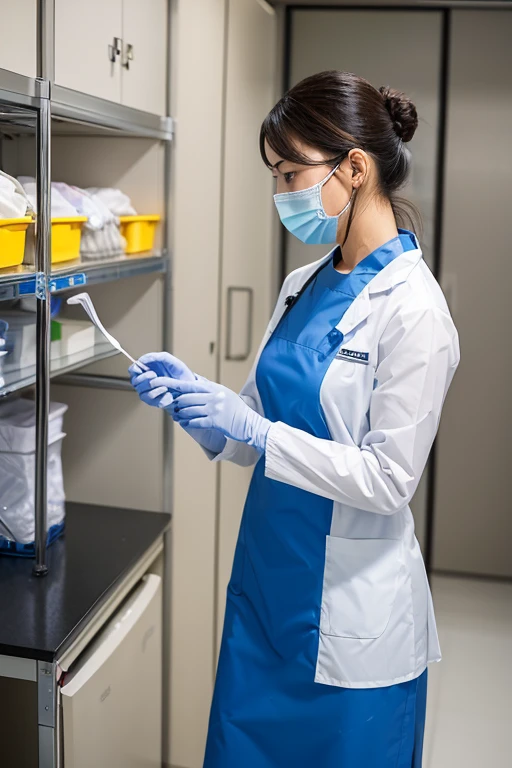 A woman wearing work clothes and rubber gloves conducting an examination in a sterile room