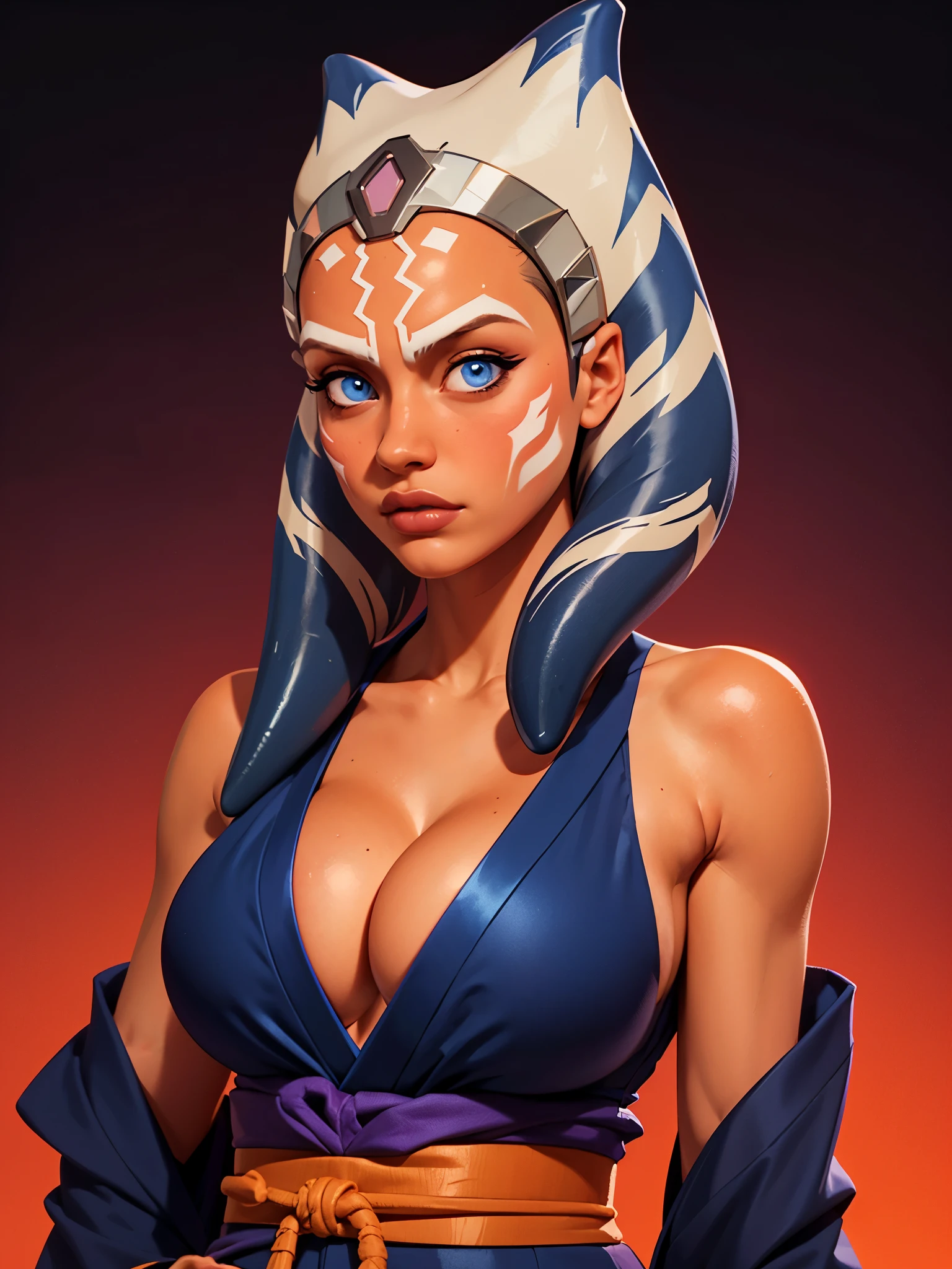 one girl, ahsoka tano, bust, (slender body, muscular:1.2), solo, upper body, blue eyes, (japanese clothes, cleavage, deep cleavage:1.5), bare shoulders, masterpiece, highly detailed, look at viewer, shiny blured orange background, gradient sprayed background, serious face, front view, gradient red purple background, blured background, glowing edges of image