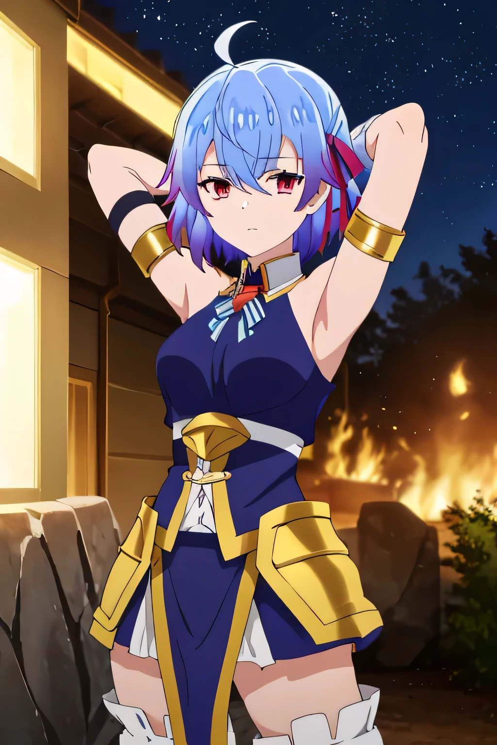 (exceptional, best aesthetic, new, newest, best quality, masterpiece, extremely detailed),Ruti, 1girl, solo, ribbon, hair ribbon, short hair, metal collar, red eyes, blue hair, ahoge, multicolored hair, meme, armlet, gradient hair, collar, jewelry, bangs, parody, armor, expressionless, bare shoulders, solo, night sky, forest, arms behind head, looking at viewer, contrapposto, spread armpits, (cowboy shot:1.5), looking at viewer, hair between eyes