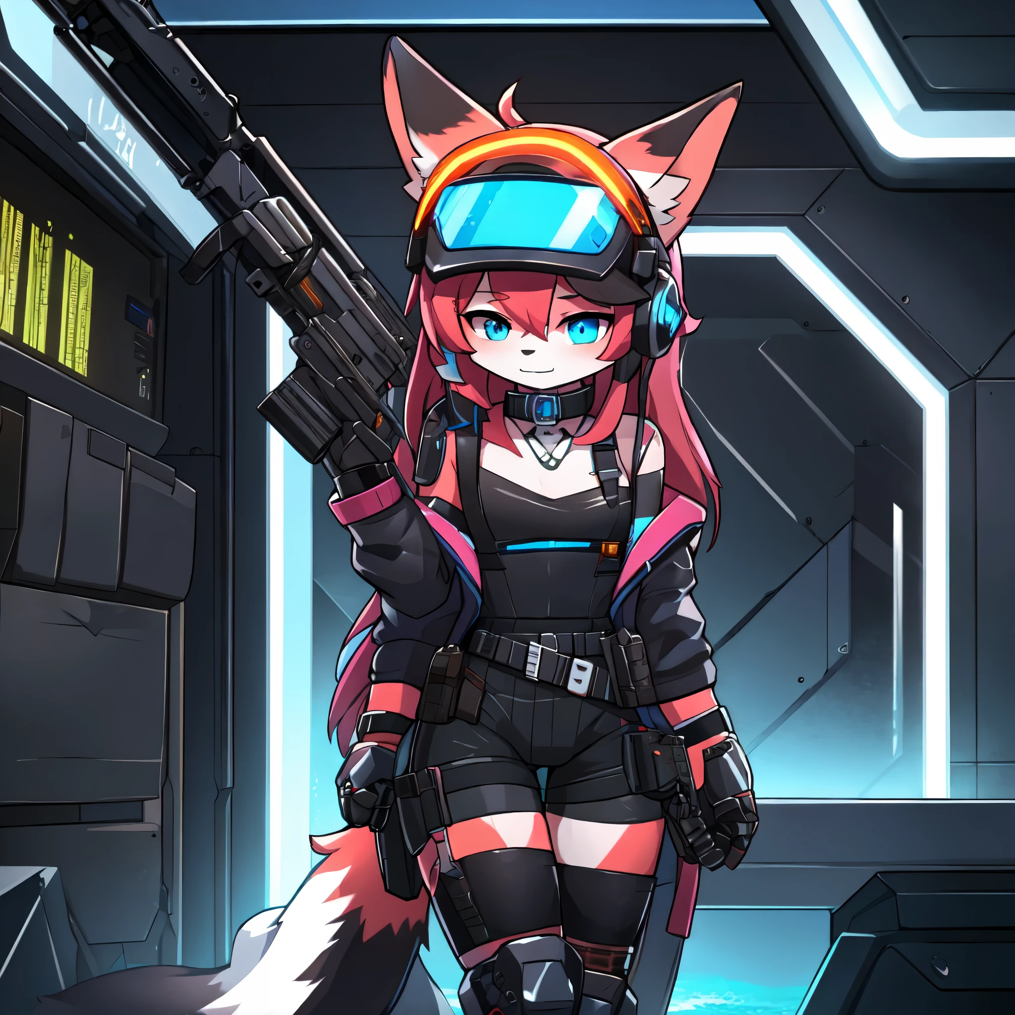 cute, pink striped fluffy fox, , emaciated, pink long hair, left eye is red, right eye is blue, heterochromia, NSFW, alone, where water meets sky, synthetic tissue skin, cybernetic prosthesis, mechanical pneumatic prosthetics, Digital headphones with orange glowing neon lights, cybernetic prosthetic hand, red slick collar bow tie, black latex tight leotard, Thigh-length socks, shorts, Gray long sleeve loose off shoulder digital display military hooded jacket, tactical gun holster on thigh, mechanical boots, metal knee pads, Tactical Belt 느슨한 팔 슬리브, see, Cybernetic Display Gloves, chest rig, Tactical Belt, blue archive halo, Submachine gun holding sling in left hand, bulletproof goggles, Arnite,