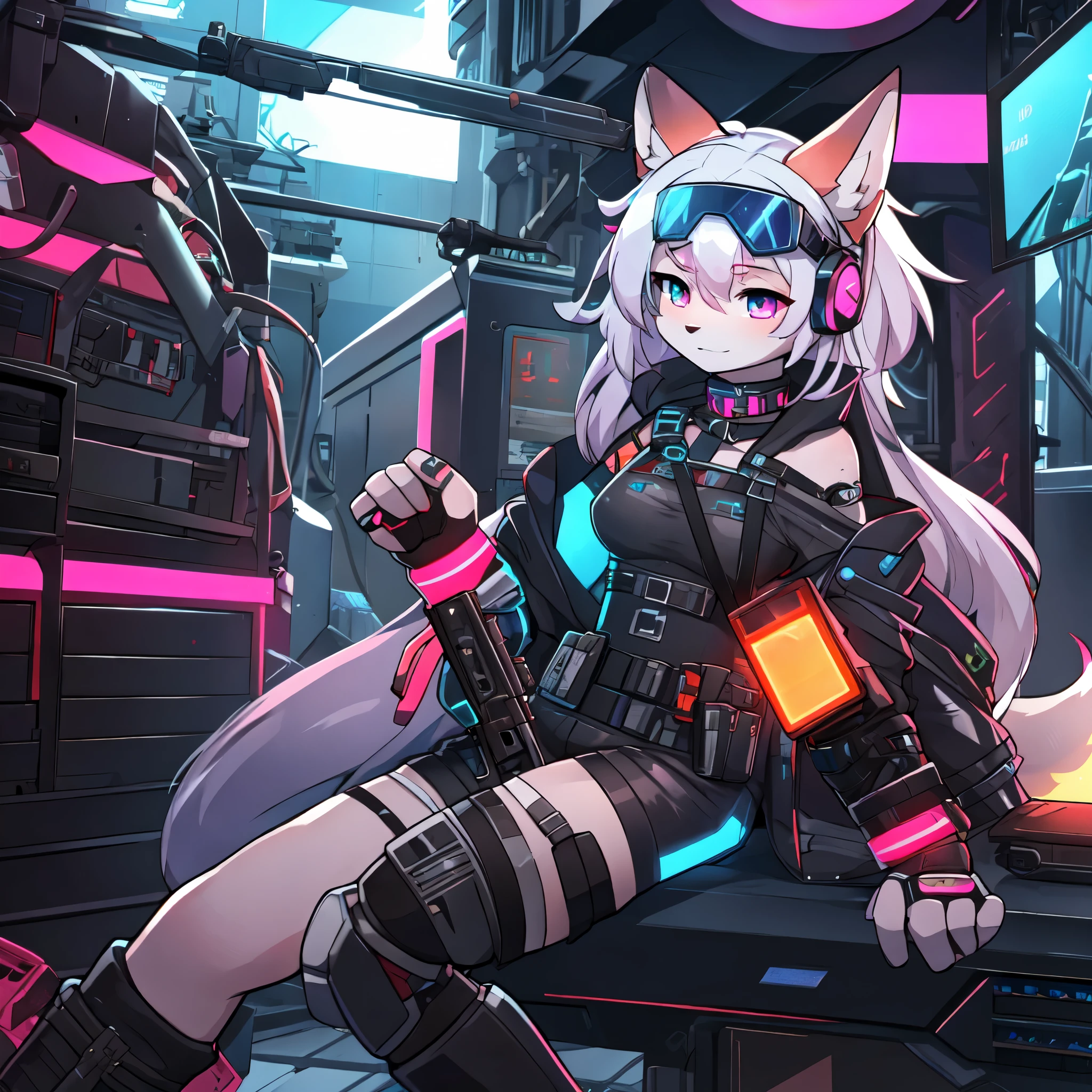 cute, pink striped fluffy fox, , emaciated, pink long hair, left eye is red, right eye is blue, heterochromia, NSFW, alone, where water meets sky, synthetic tissue skin, cybernetic prosthesis, mechanical pneumatic prosthetics, Digital headphones with orange glowing neon lights, cybernetic prosthetic hand, red slick collar bow tie, black latex tight leotard, Thigh-length socks, shorts, Gray long sleeve loose off shoulder digital display military hooded jacket, tactical gun holster on thigh, mechanical boots, metal knee pads, Tactical Belt 느슨한 팔 슬리브, see, Cybernetic Display Gloves, chest rig, Tactical Belt, blue archive halo, Submachine gun holding sling in left hand, bulletproof goggles, Arnite,