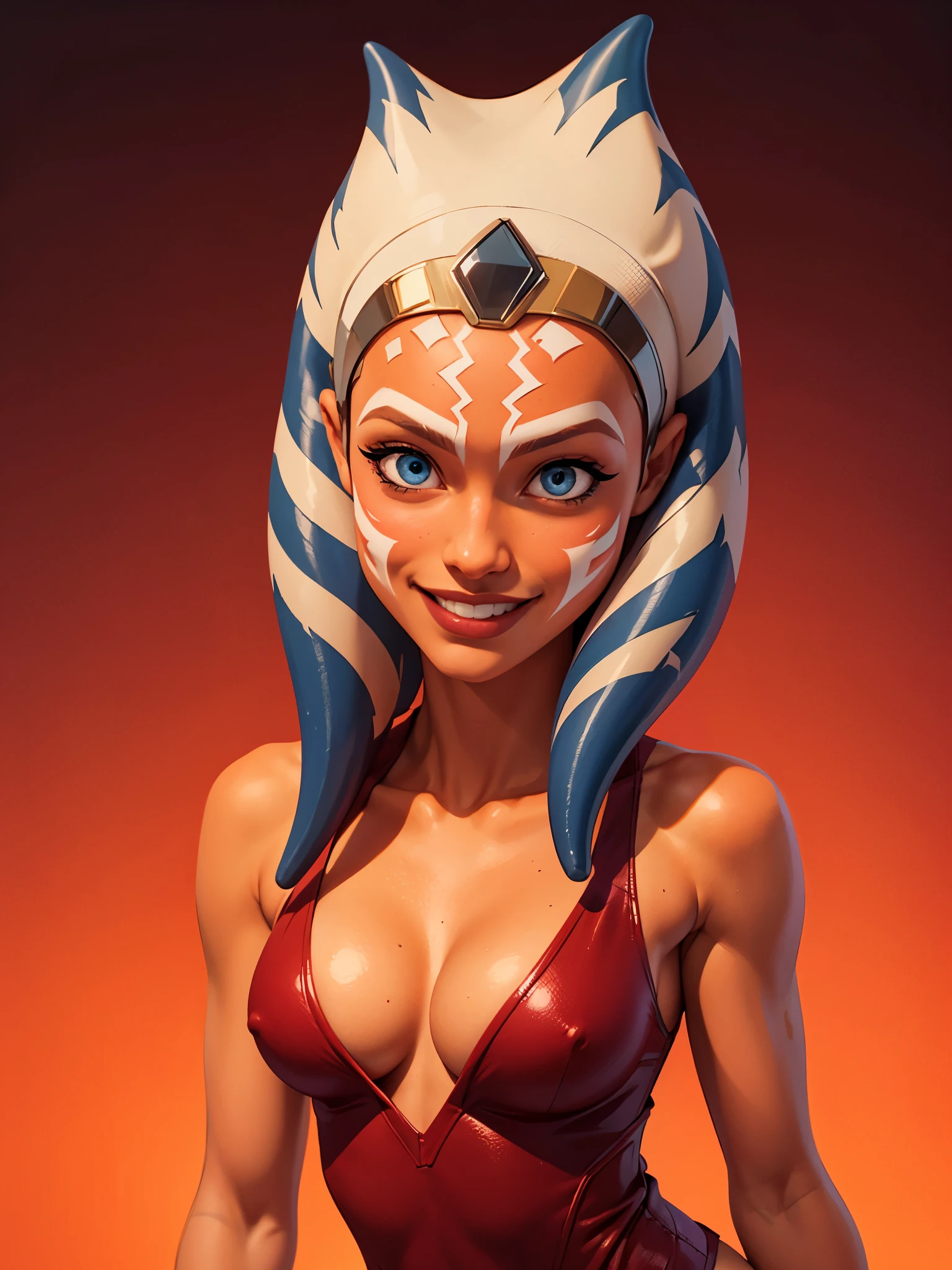 one girl, ahsoka tano, bust, (slender body, muscular:1.2), solo, upper body, blue eyes, orange skin, (small breasts, tiny breasts, male chest, cleavage:1.3), bare shoulders, masterpiece, highly detailed, look at viewer, expressing joy, shiny blured orange background, gradient sprayed background, smile, happy face, front view, gradient red purple background, blured background, glowing edges of image