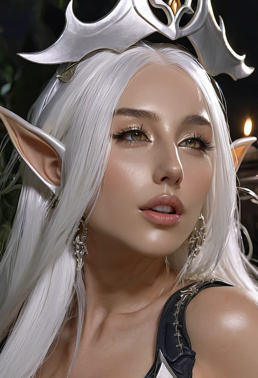  elf ,white eyebrows, eyelashes, curved mouth expression, smooth skin, long luscious platinum white hair, short ears, earrings, full detailed body, detailed seductive paladin armor, fantasy two handed claymore, fantasy dnd at night full moon light