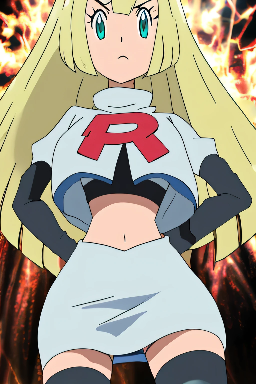 masterpiece,best quality,highres,high quality,colette brunel, very large breasts,8k, masterpiece,highres,team rocket uniform, red letter r, white skirt,white crop top,black thigh-high boots, black elbow gloves, glaring angrily, looking down at viewer, hands on hips, cowboy shot, zettai ryouiki,from below, black panties,anime style, vivid colors, sharp focus, intense lighting,