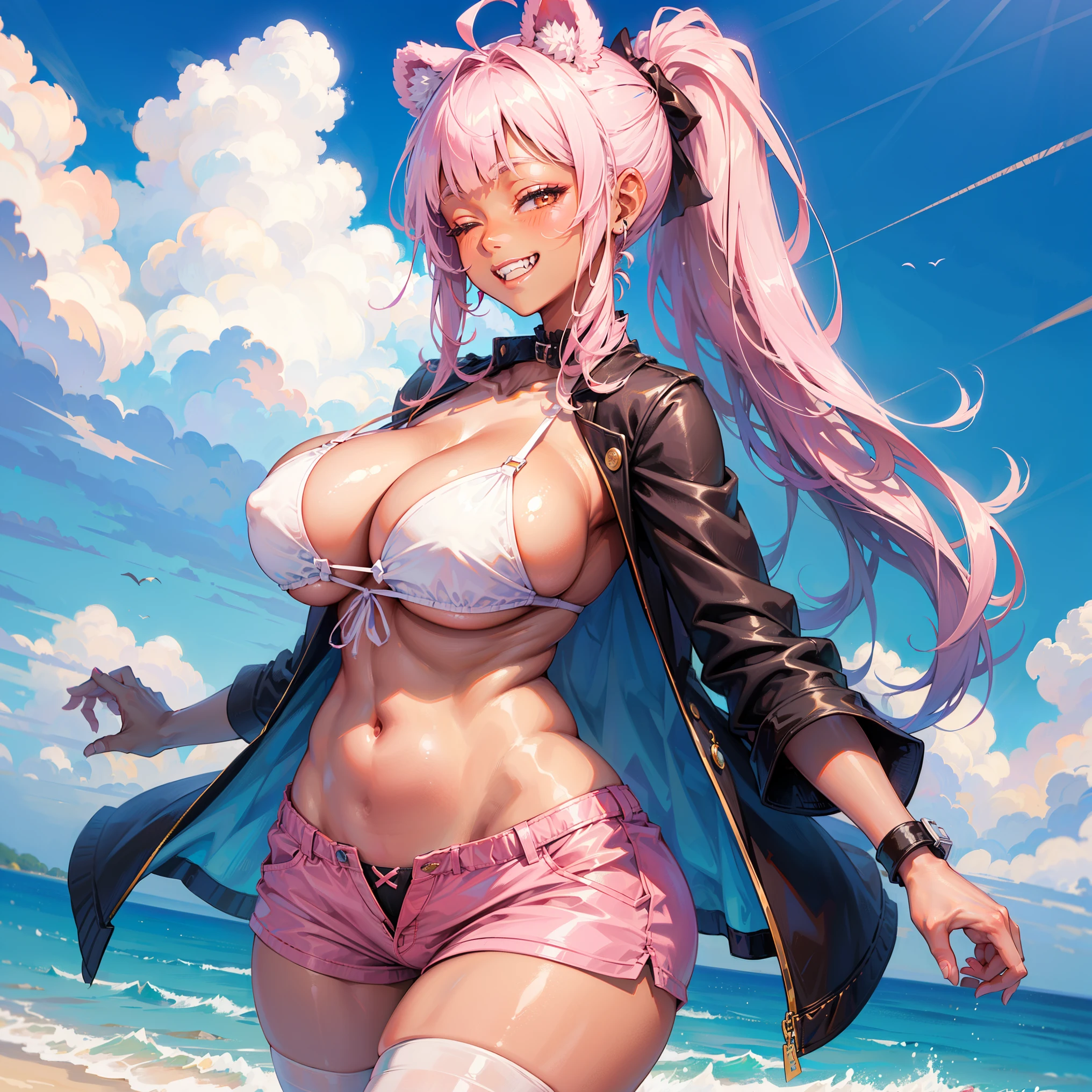 (((((1girl))))), ((anime)), (pink hair), (extremely long hair), (ahoge), (blunt bangs), ((((((dark skin)))))), ((huge breasts)), ((brown eyes)), (half-closed eyes), (cleavage), (thick thighs), (((thick lips))), ((wide hips)), (thighhighs), (short shorts), ((pink outfit)), ((lace)), super detailed, ((best quality)), highres, UHD, textured skin, ((pink)), Real Human, ((bear ears)), ((perfect hands)), ((dynamic)), ((bikini)), ((bimbo)), ((seductive)), ((grin)), ((fangs)), ((ponytail)),