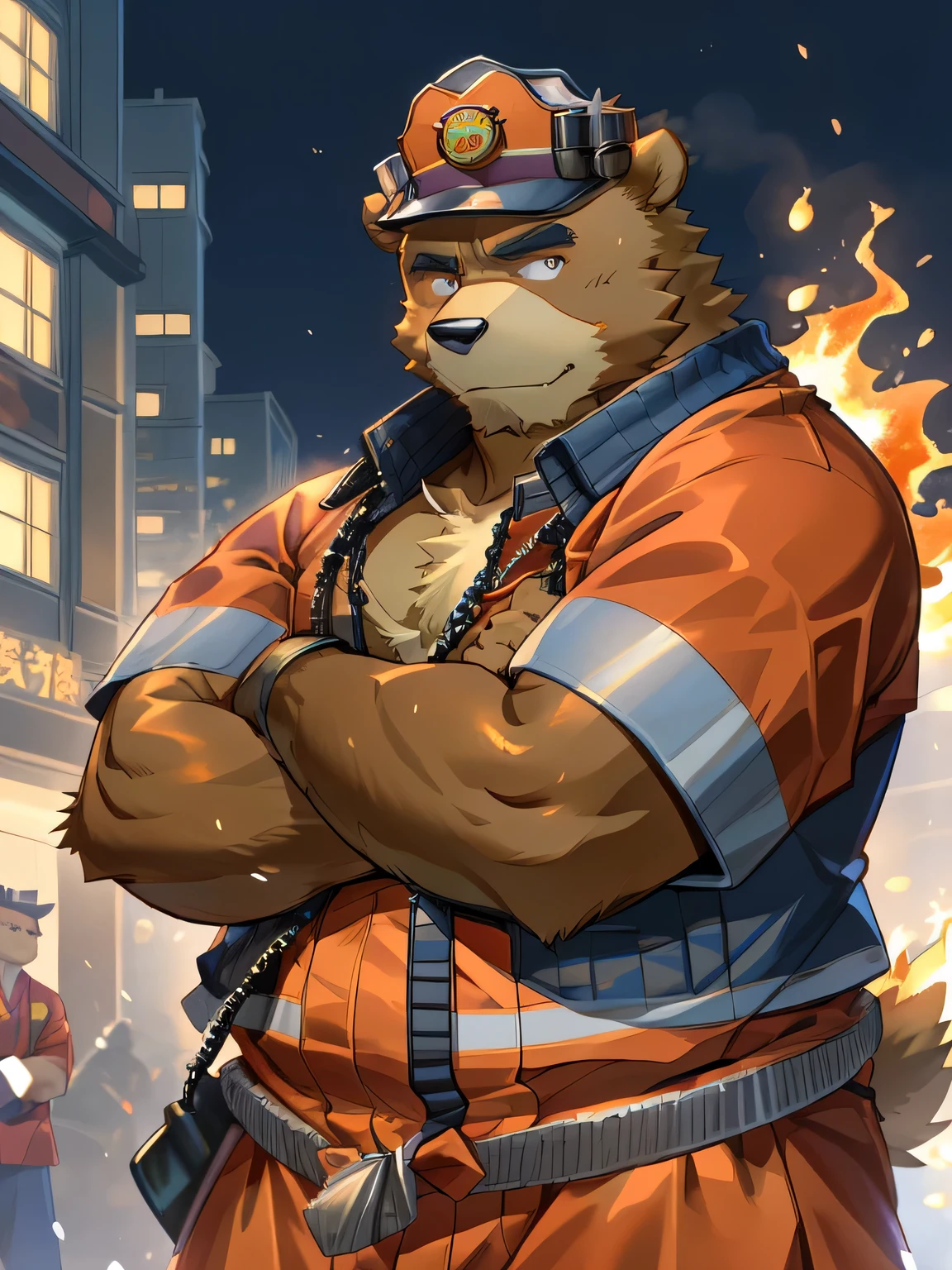 (((detailed eyes, detailed face))), (bara, juuichi bear, short hair, black eyes), male, (solo), (muscle,small belly), (red firefighter's suit with a big firefighter's hat and other fire-fighting equipment), standing, (say hi to the camera),smile BREAK (by bna_v5, by inkudoragoon, by kicktyan), city,fire brigade,(soft shading), 8k, UHD, masterpiece, (full body),smart,standard,High fidelity lighting