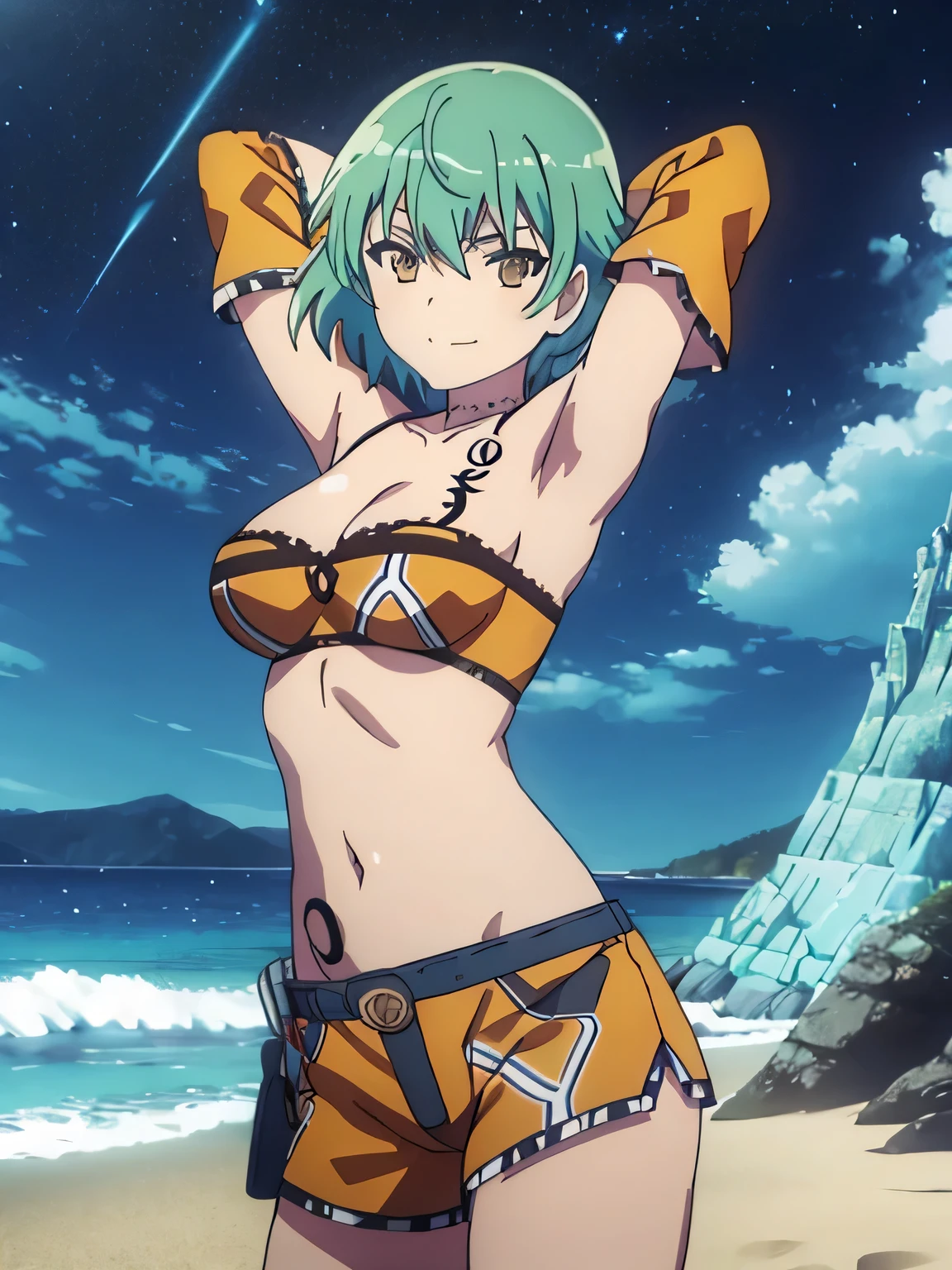  solo, 1girl, hikage, crop top, tattoo, off shoulder, looking at viewer, best quality, v-eyebrows, solo, night sky, beach, arms behind head, short hair, contrapposto, spread armpits, closed mouth, expressionless, (cowboy shot:1.5), smile