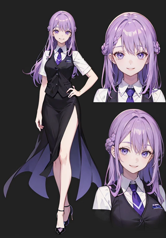 ((Perfect Face)),Purple Hair,Long Hair,1 female,bartender,Black vest,Shirt with rolled up sleeves,tie,slit,High heels,,((Simple Background)),smile,((whole body)),((whole body)),Portraiture,virtual,upright,,Standing upright with face and body facing forward,