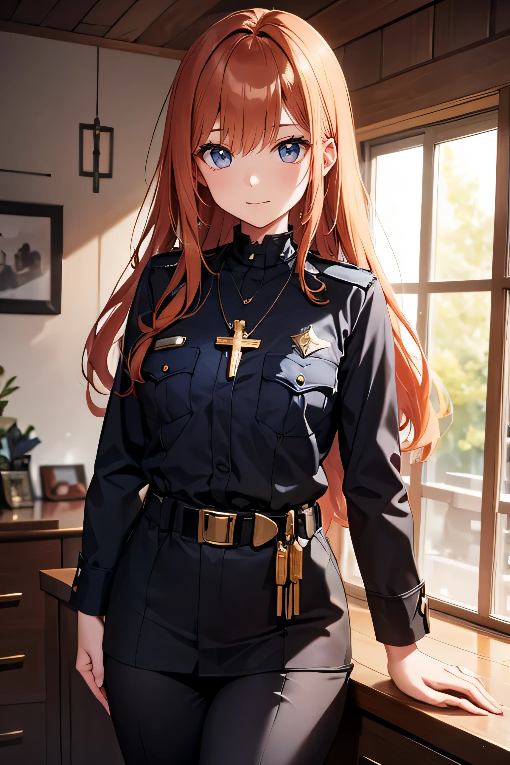 Ginger hair, long hair, straight bangs, police officer, police uniform, woman, illustrations, high-quality, ultra-detailed, realistic, vivid colors, portraits, warm tones, soft lighting. ((Necklace with a cross)) Crouched down. Woman. (police motorcycle)