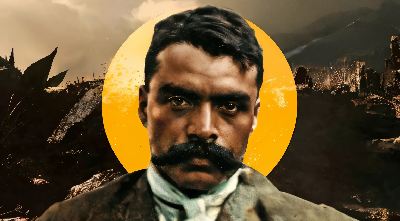 there is a man with a mustache and mustache in front of a mountain, inspired by Hermenegildo Anglada Camarasa, inspirado por Albert Namatjira, inspired by Rajmund Kanelba, inspirado por William Mossman, inspirado en So Shiseki, bigote mexicano, inspired by Enrique Tábara, cabello punk, estilo punk, corn,