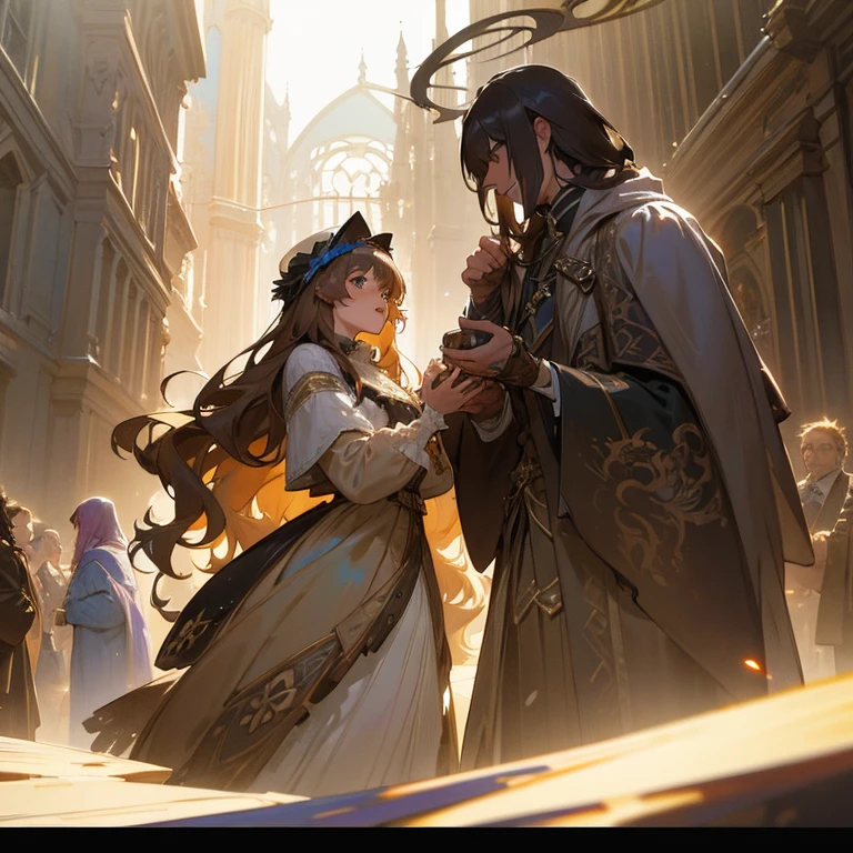a girl with long wavy light brown hair, triadic color, intricate details, hyper detailed, Rob Hefferan, Jean Baptiste Monge, Jeremy Mann, Konstantin Razumov, Lawrence Alma-Tadema, Michael Garmash, Carne Griffiths, Bastien Lecouffe-Deharme, Seb Mckinnon, fantasy setting, winter setting, fully clothed 