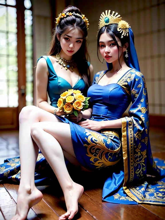 araffe woman with small breast in a blue and black dress with a flower in her hair, traditional beauty, wearing an ornate outfit, wearing balinese ornate clothing, ornate , intricate outfit, beautiful oriental woman, beautiful balinese costume, traditional makeup, ornate attire, bali, 8k)), gorgeous woman, a beautiful fantasy empress, with beautiful exotic, ((a beautiful fantasy empress)), ornate dress, araffe woman in a yellow and black dress with a flower in her hair, traditional beauty, wearing an balinese ornate outfit, wearing balinese ornate clothing, ornate , intricate outfit, beautiful oriental woman, beautiful costume, traditional makeup, ornate attire, bali, 8k)), gorgeous woman, a beautiful fantasy empress, with beautiful exotic, ((a beautiful fantasy empress)), ornate dress masterpiece, best quality:1.2),,(8k,highres,RAW photo,realistic,photo-realistic:1.3),(detailed skin texture,detailed cloth texture,beautiful detailed face:1.25),professional lighting,photon mapping,beautiful soft light,radiosity,physically-based rendering,raytracing, model shoot style, model shoot style, (extremely detailed CG unity 8k wallpaper), (((fullbody))), photo of the most beautiful artwork in the world,