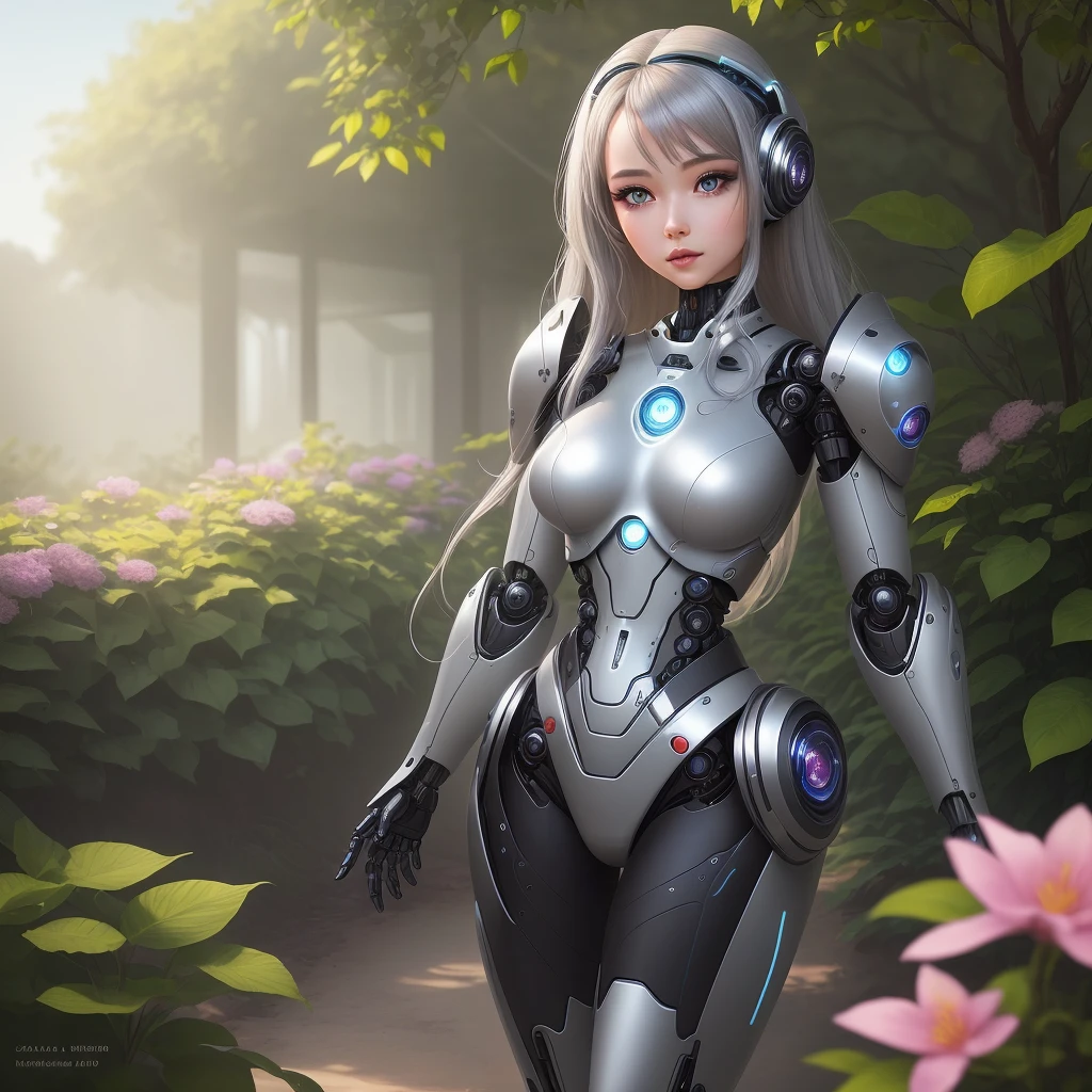A robot girl with beautiful detailed eyes, beautiful detailed lips, and an extremely detailed face, standing in a futuristic garden. She has long eyelashes and a metallic body with a shiny finish. The garden is filled with colorful flowers and plants, creating a vibrant atmosphere. The robot girl is wearing a sleek, silver outfit that complements her metallic appearance. The sunlight casts a warm and soft glow, illuminating the scene. The image quality is of the best quality, with ultra-detailed rendering and vivid colors. The overall style is a mix of sci-fi and concept art, with a touch of photorealism. The color palette consists of cool tones, with hints of metallic hues to enhance the futuristic vibe. The lighting is subtle and highlights the contours of the robot girl, giving her a sense of depth and realism.