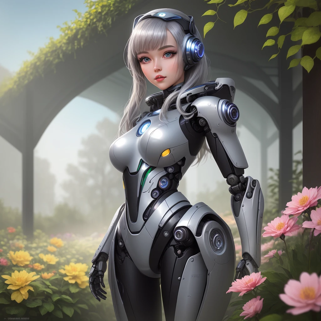 A robot girl with beautiful detailed eyes, beautiful detailed lips, and an extremely detailed face, standing in a futuristic garden. She has long eyelashes and a metallic body with a shiny finish. The garden is filled with colorful flowers and plants, creating a vibrant atmosphere. The robot girl is wearing a sleek, silver outfit that complements her metallic appearance. The sunlight casts a warm and soft glow, illuminating the scene. The image quality is of the best quality, with ultra-detailed rendering and vivid colors. The overall style is a mix of sci-fi and concept art, with a touch of photorealism. The color palette consists of cool tones, with hints of metallic hues to enhance the futuristic vibe. The lighting is subtle and highlights the contours of the robot girl, giving her a sense of depth and realism.